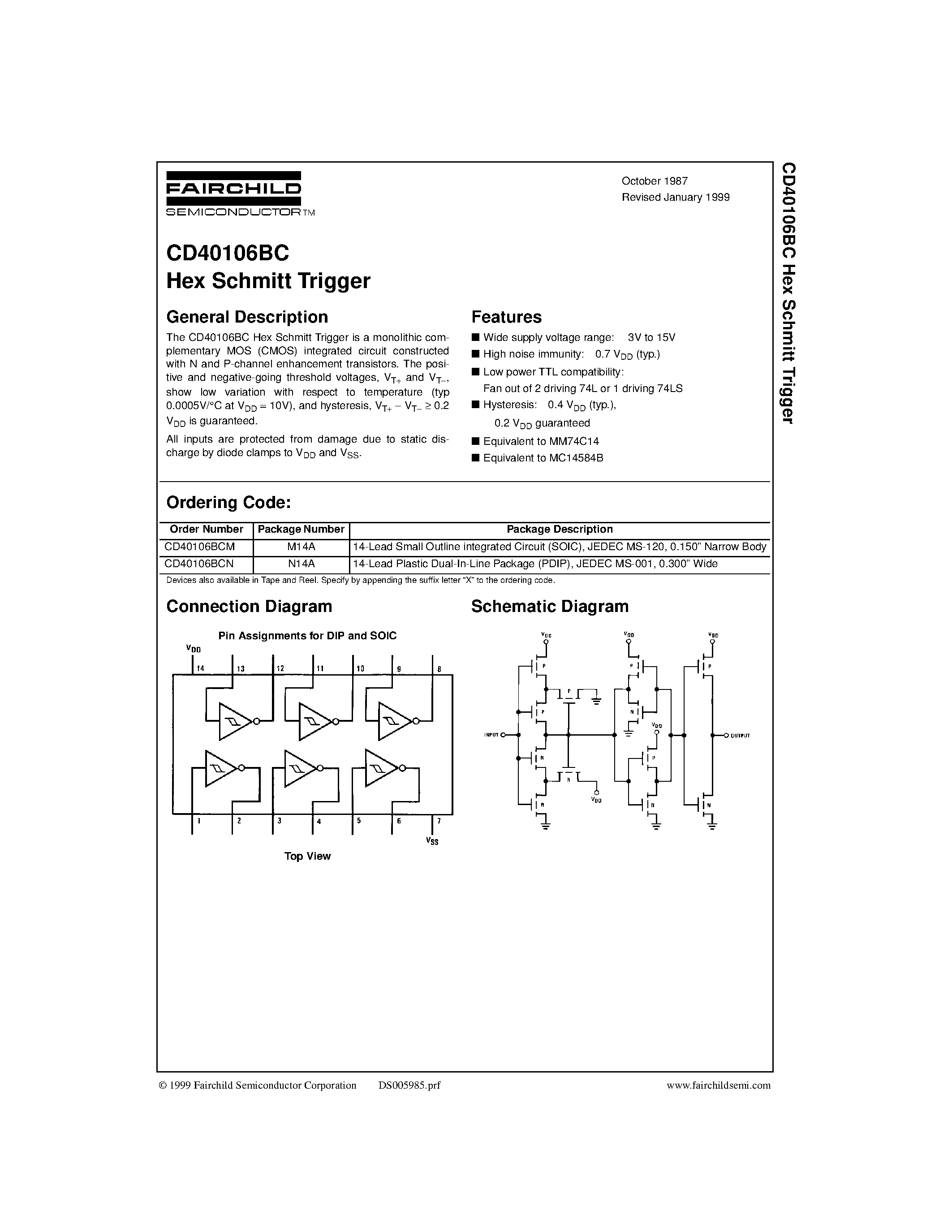 Datasheet CD40106BCM - Hex Schmitt Trigger page 1