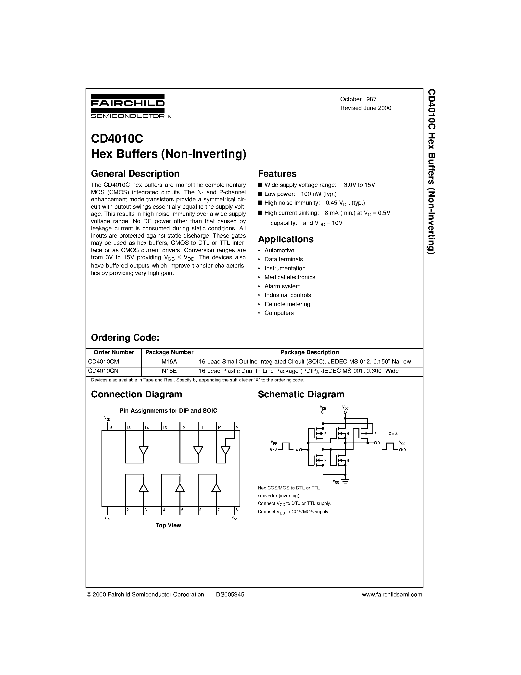 Datasheet CD4010C page 1 Datasheet CD4010C - Hex Buffers (Non-Inverting) page 1
