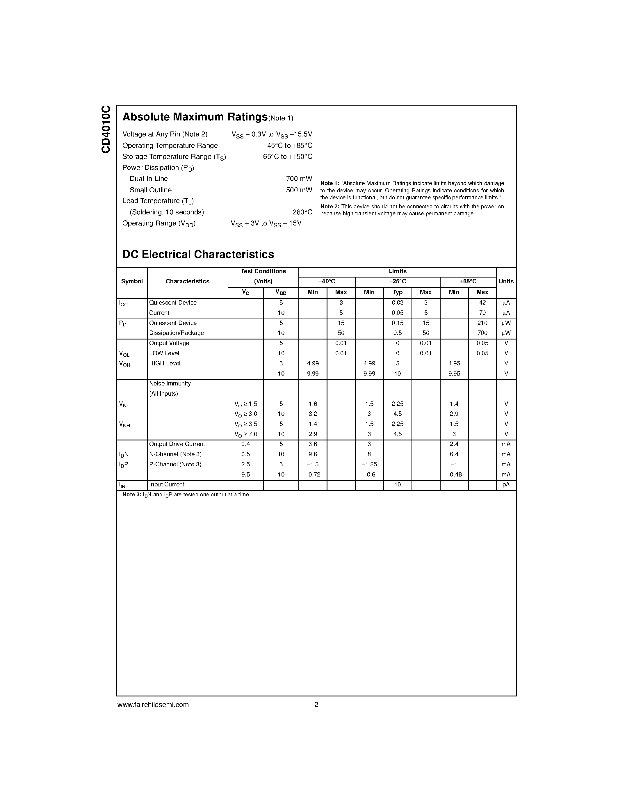 Datasheet CD4010CN page 2 Datasheet CD4010CN - Hex Buffers (Non-Inverting) page 2