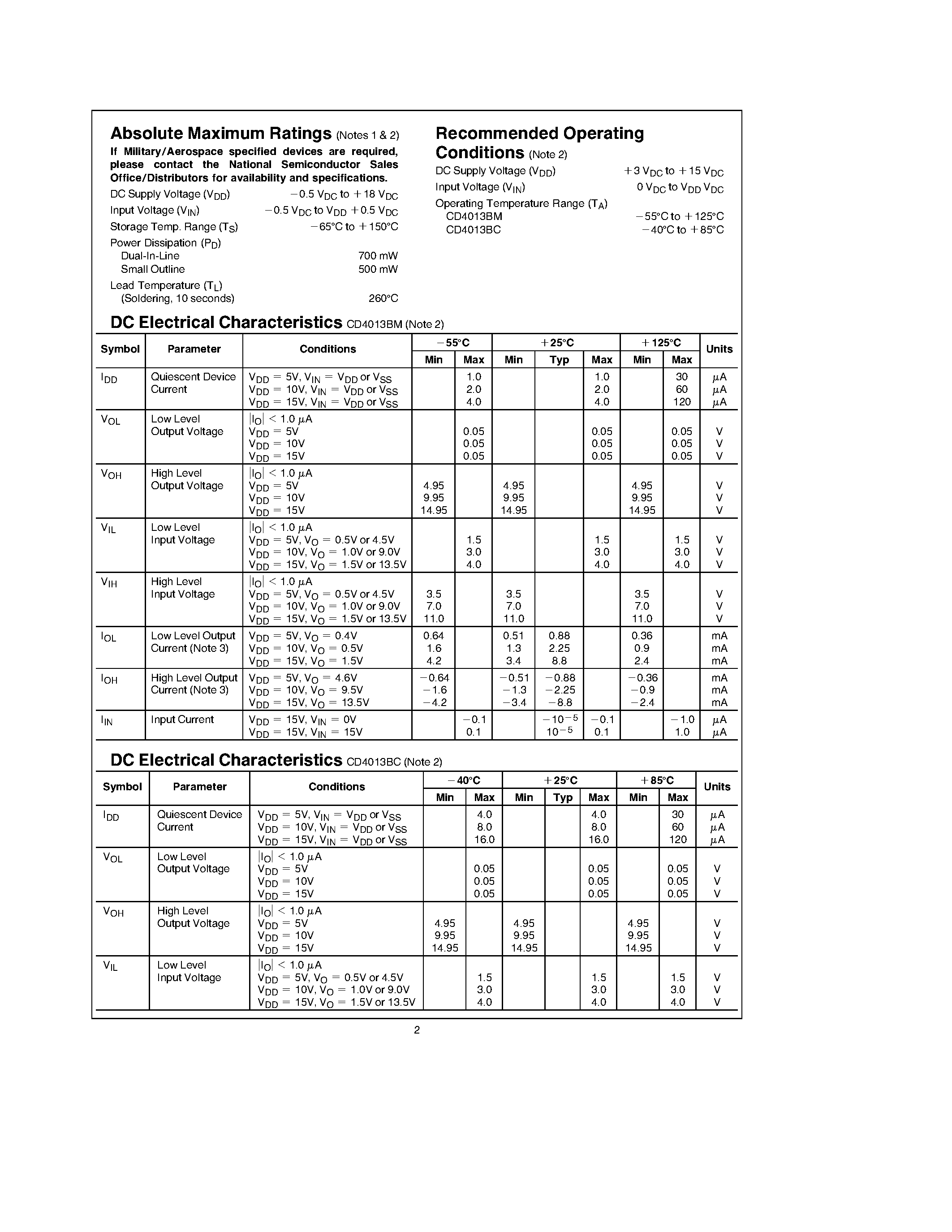 Datasheet CD4013BCJ page 2 Datasheet CD4013BCJ - Dual D Flip-Flop page 2