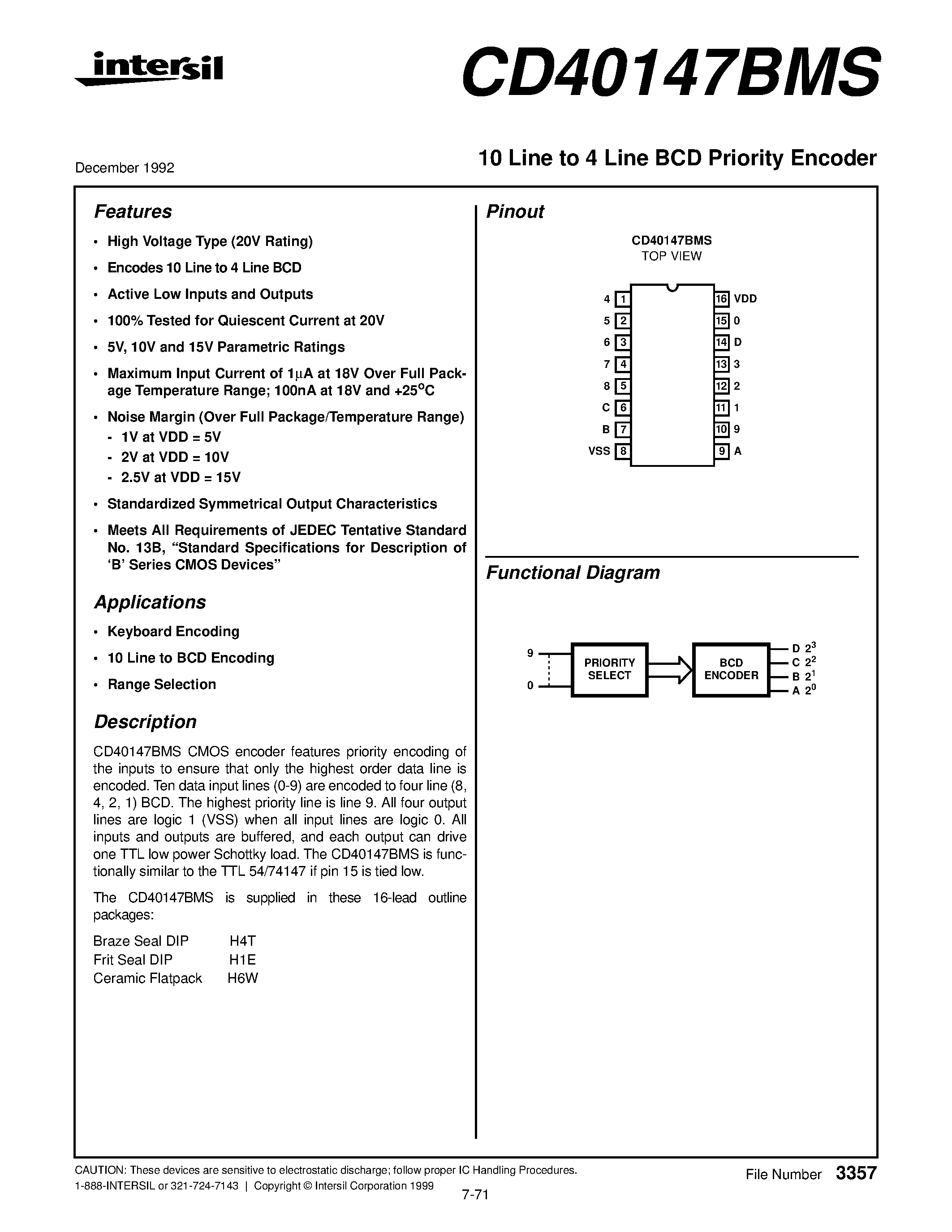 Даташит CD40147BMS - 10 Line to 4 Line BCD Priority Encoder страница 1