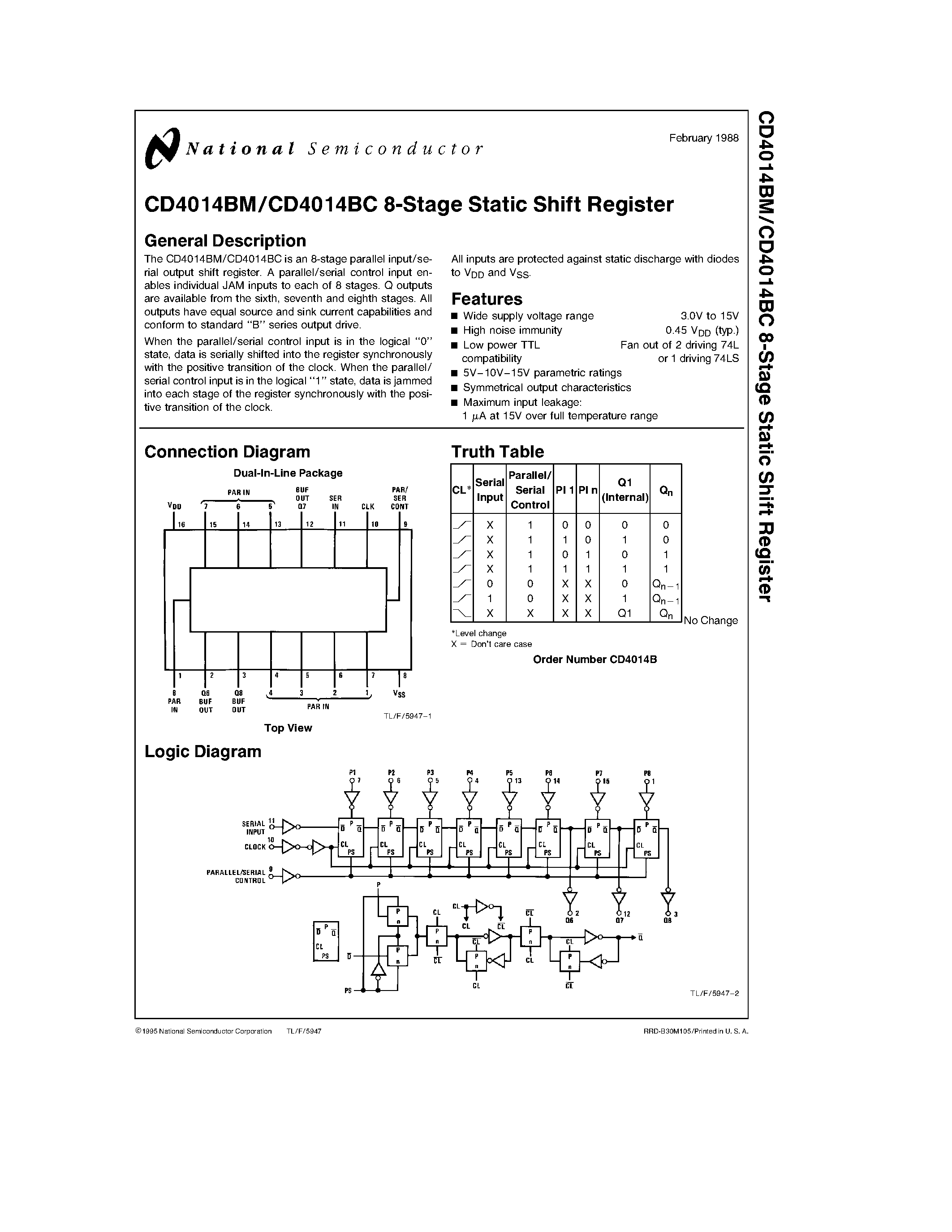 Datasheet CD4014BM page 1 Datasheet CD4014BM - 8-Stage Static Shift Register page 1