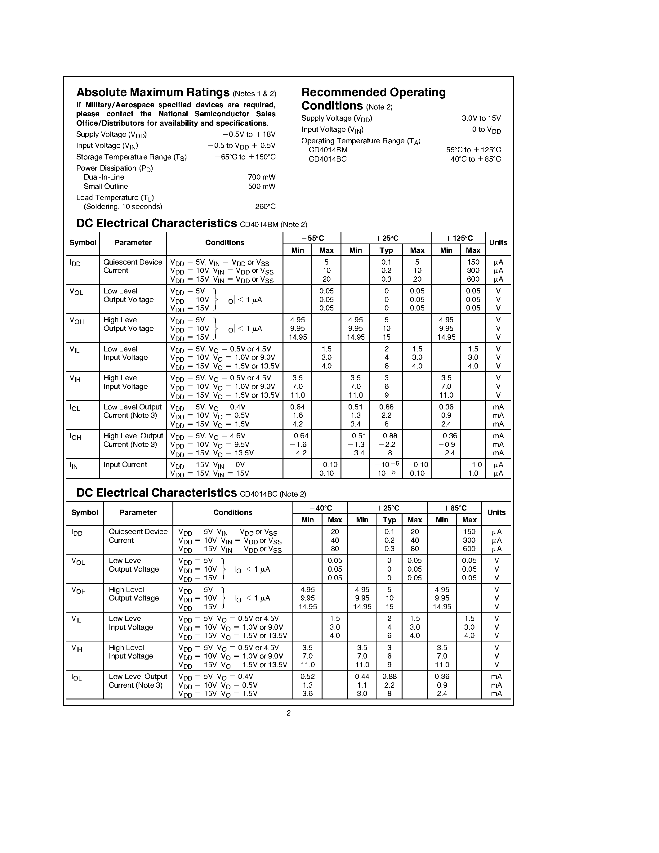 Datasheet CD4014BM page 2 Datasheet CD4014BM - 8-Stage Static Shift Register page 2