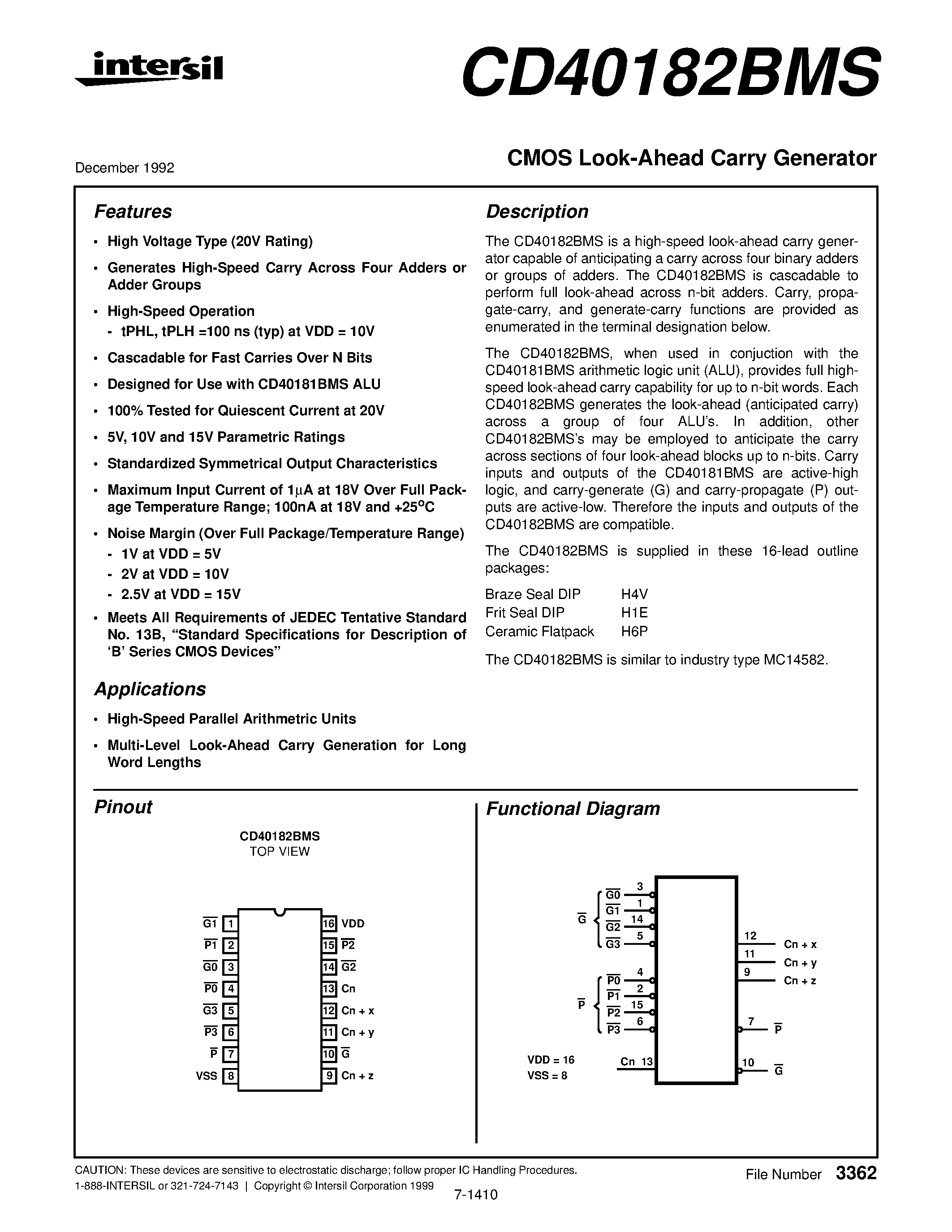Datasheet CD40182 page 1 Datasheet CD40182 - CMOS Look-Ahead Carry Generator page 1