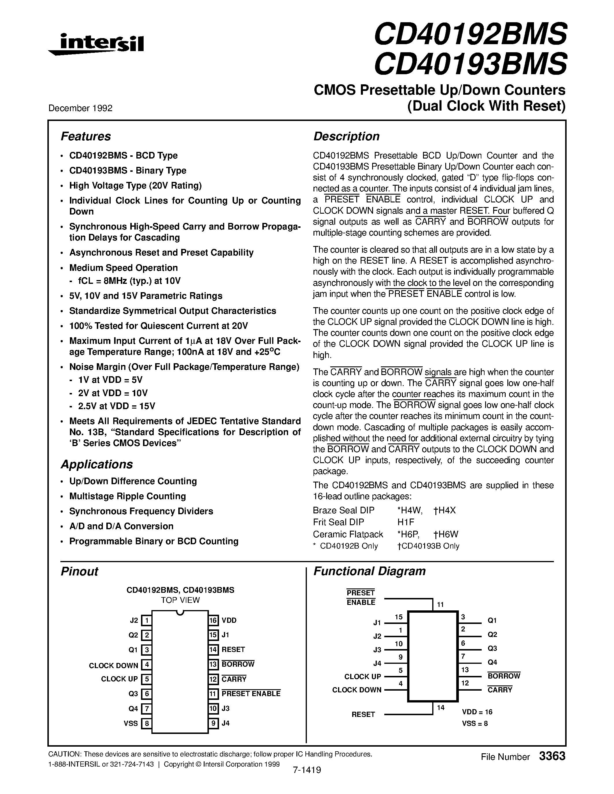 Datasheet CD40192BMS page 1 Datasheet CD40192BMS - CMOS Presettable Up/Down Counters (Dual Clock With Reset) page 1