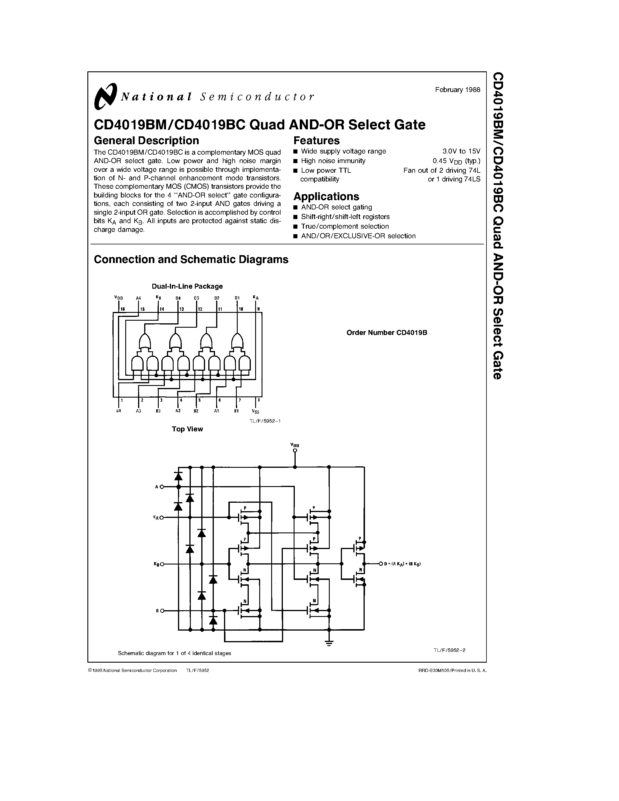 Даташит CD4019BC - Quad AND-OR Select Gate страница 1