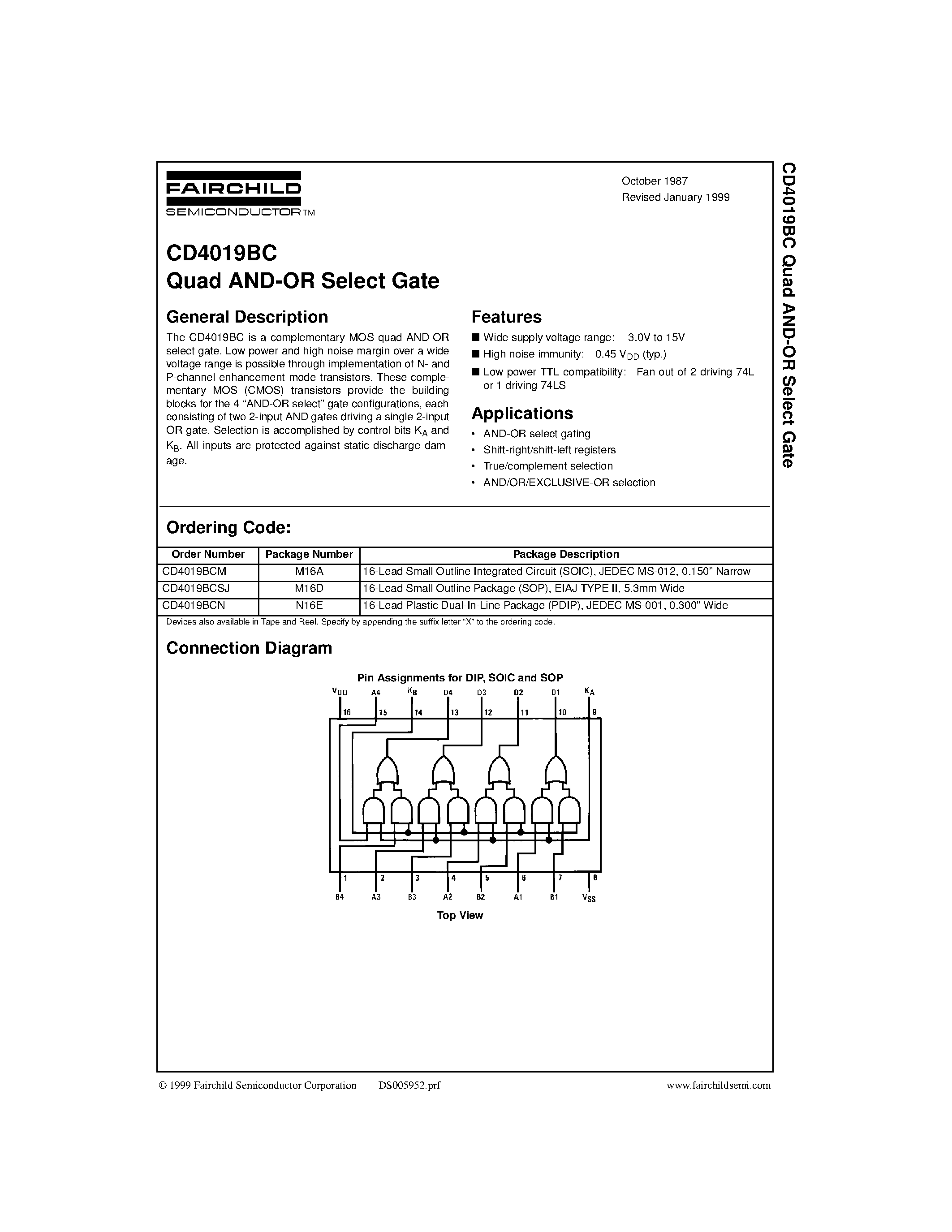 Даташит CD4019BCSJ - Quad AND-OR Select Gate страница 1