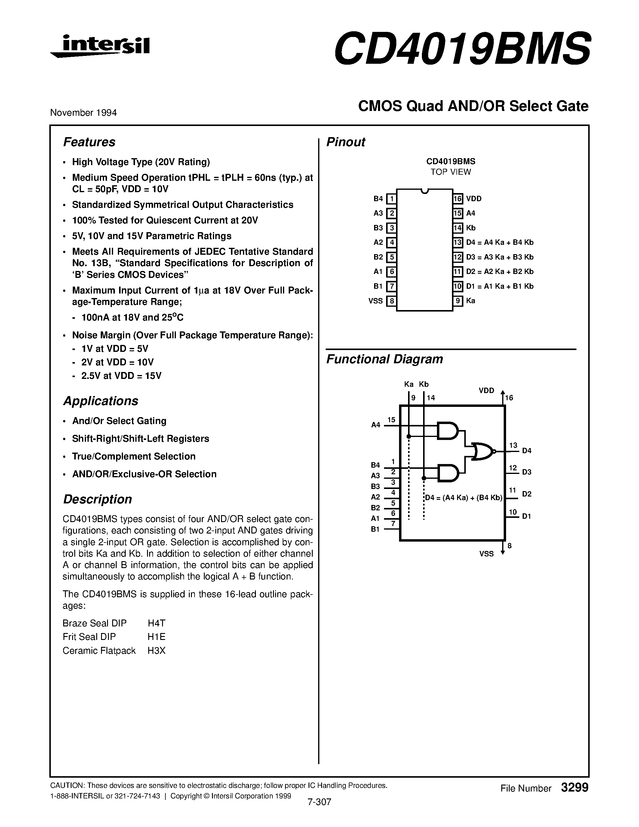 Даташит на микросхему CD4019BMS страница 1 Даташит CD4019BMS - CMOS Quad AND/OR Select Gate страница 1