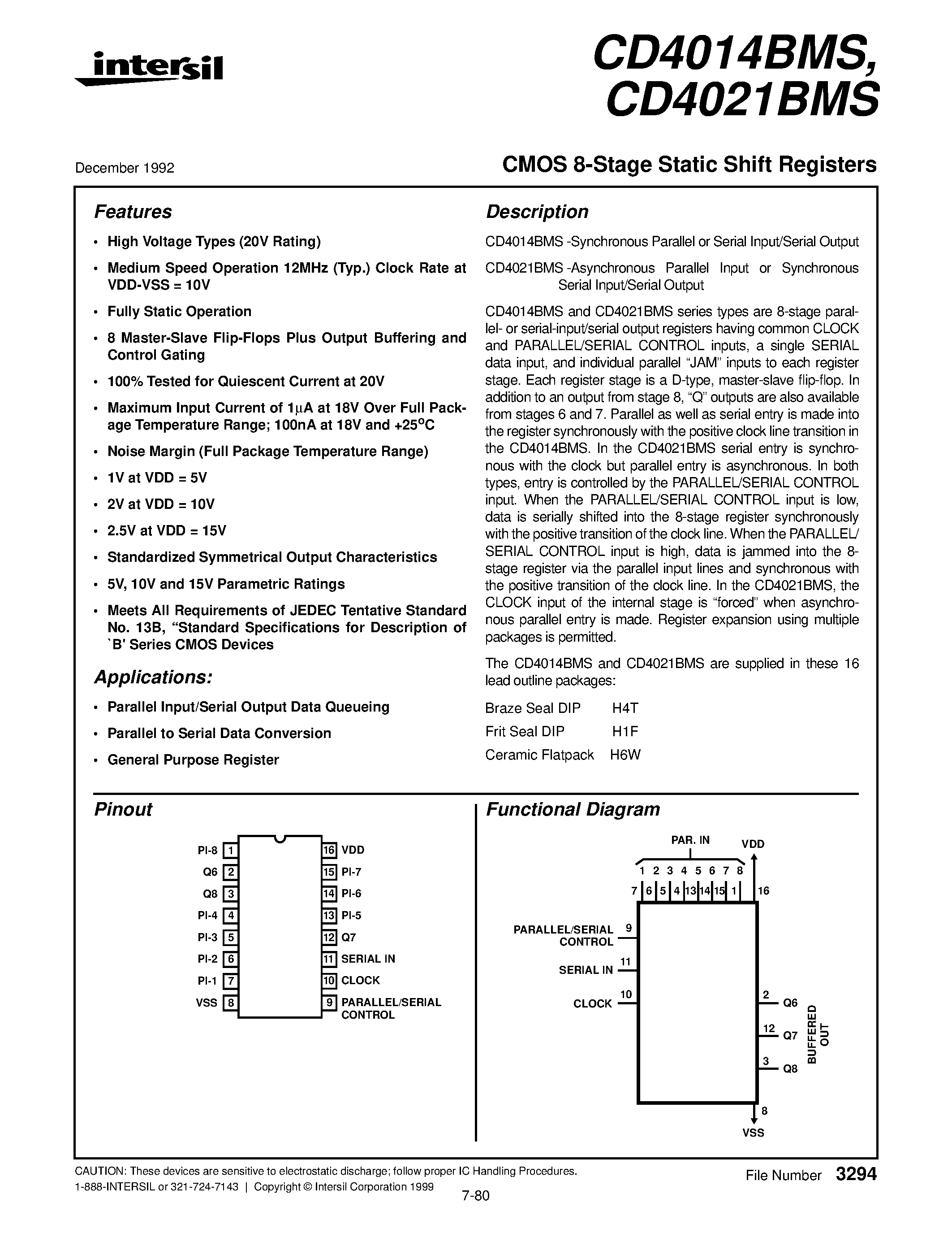 Datasheet CD4021 page 1 Datasheet CD4021 - CMOS 8-Stage Static Shift Registers page 1