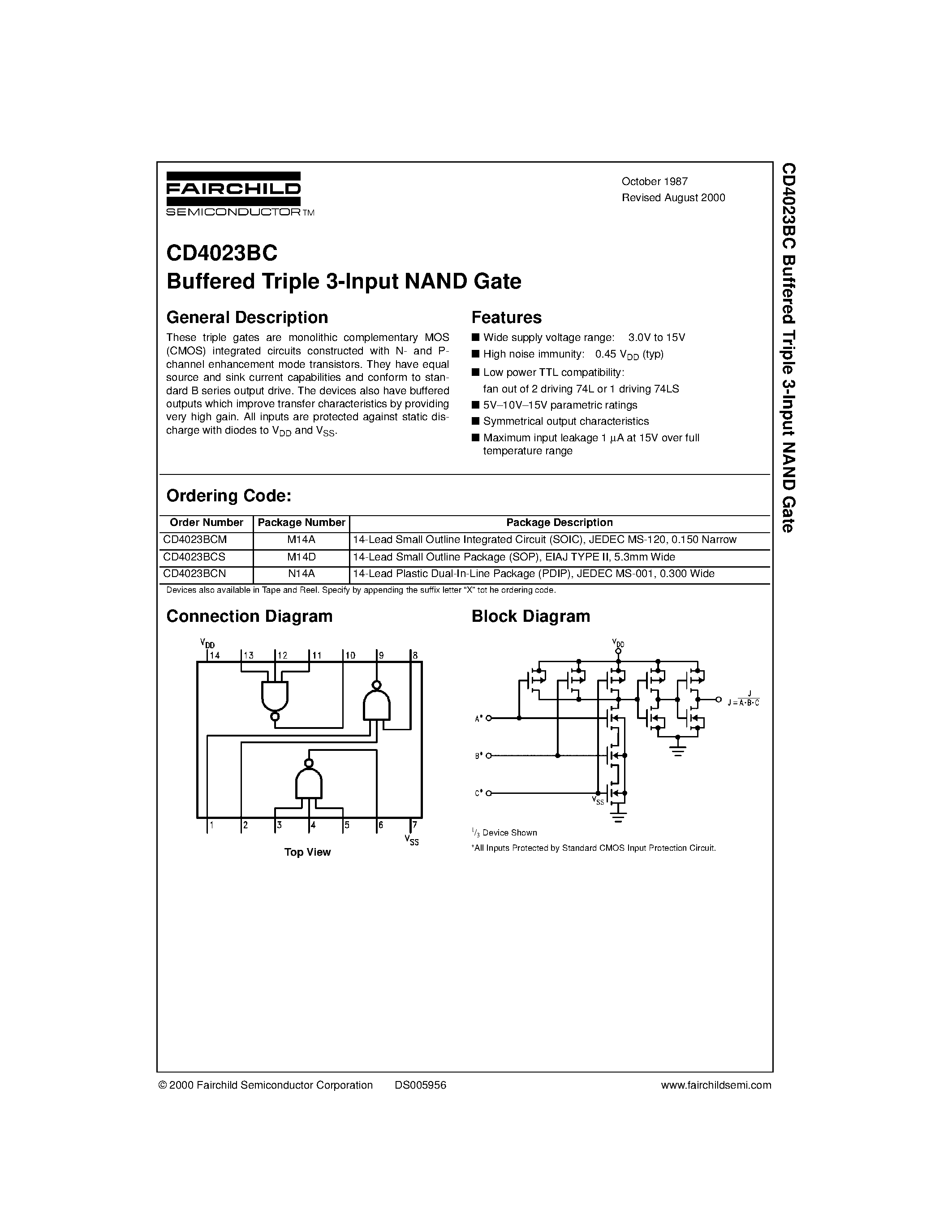 Даташит CD4023BCS - Buffered Triple 3-Input NAND Gate страница 1