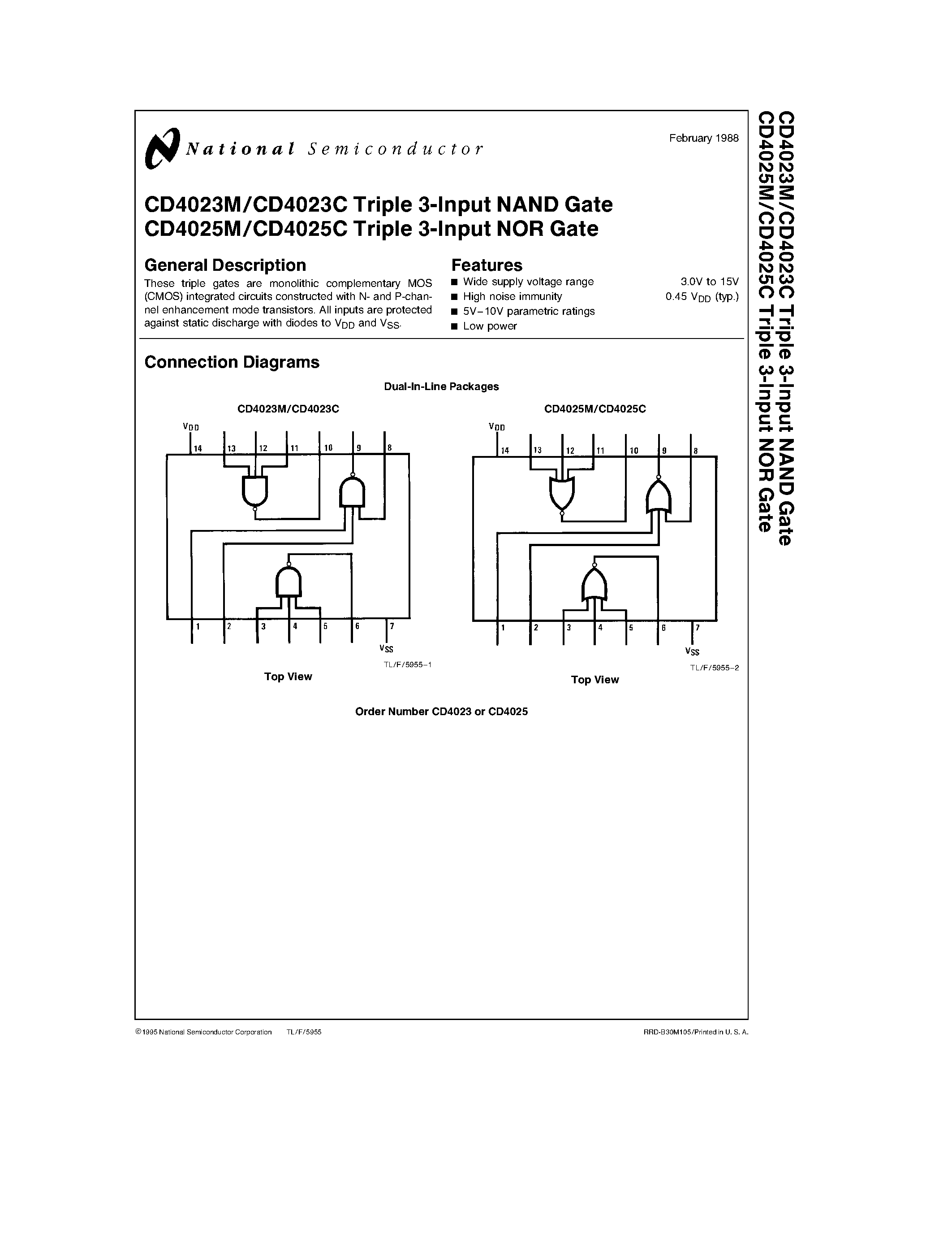 Даташит CD4025 - Buffered Triple 3-Input NAND/NOR Gate страница 1