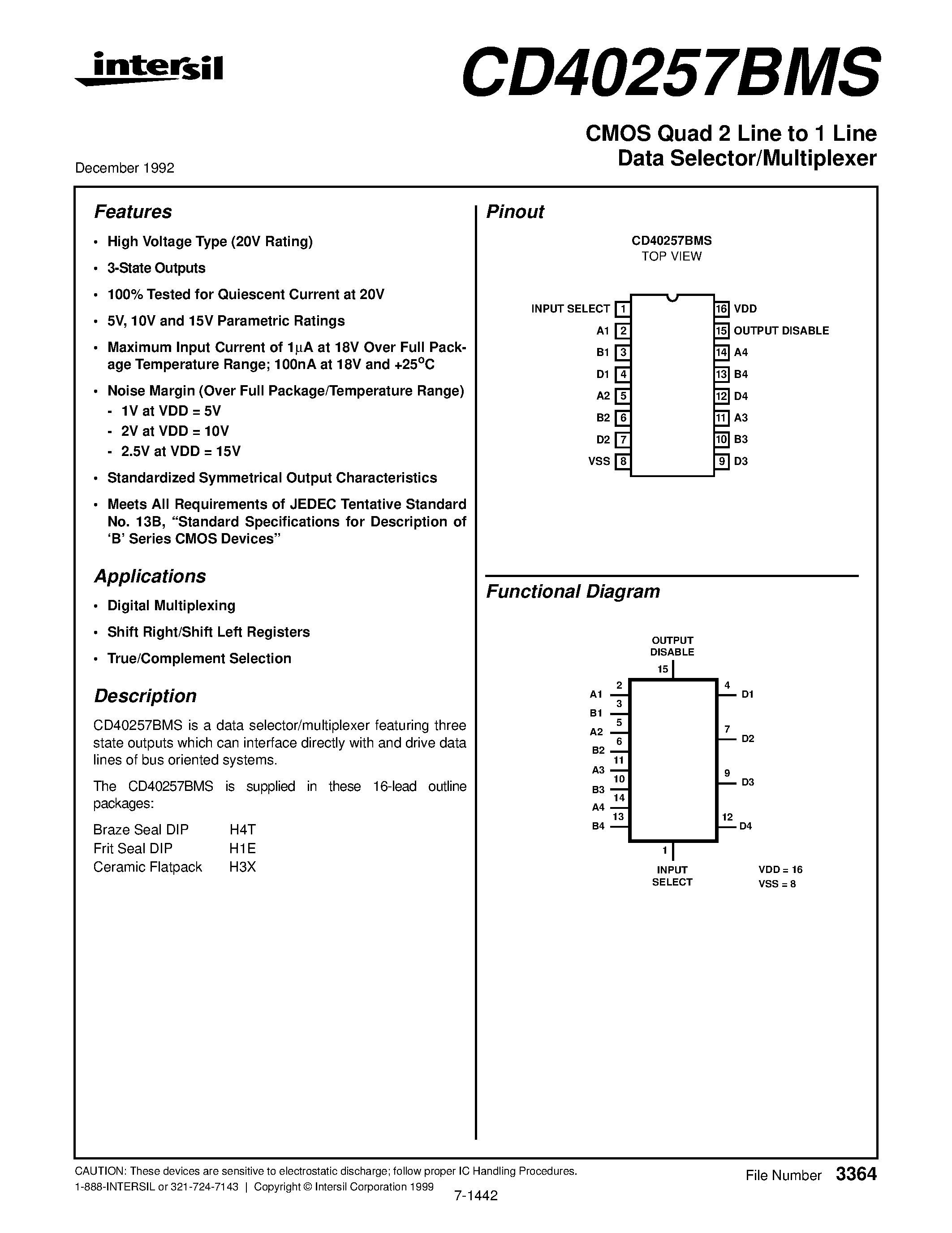 Даташит CD40257BMS - CMOS Quad 2 Line to 1 Line Data Selector/Multiplexer страница 1
