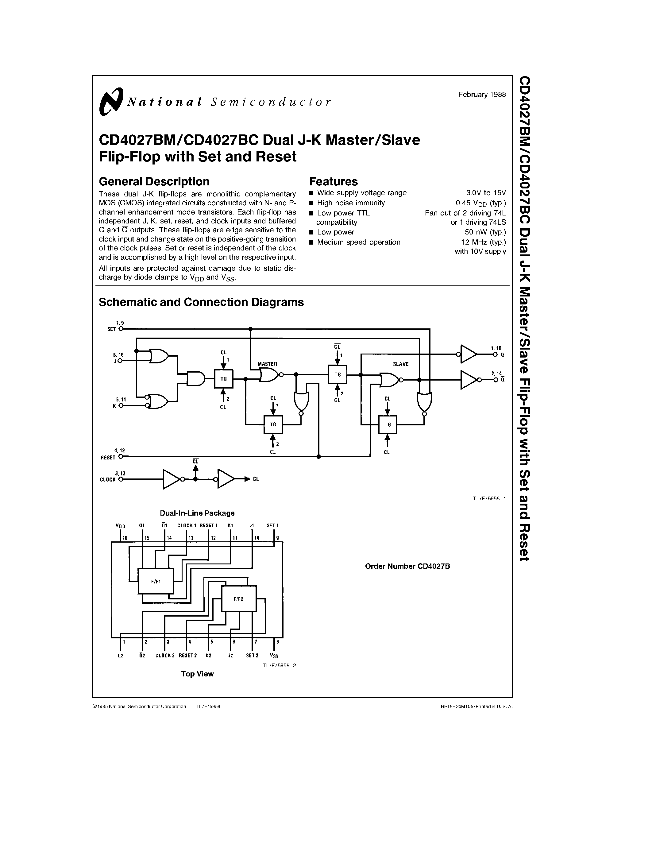 Datasheet CD4027BC page 1 Datasheet CD4027BC - Dual J-K Master/Slave Flip-Flop with Set and Reset page 1