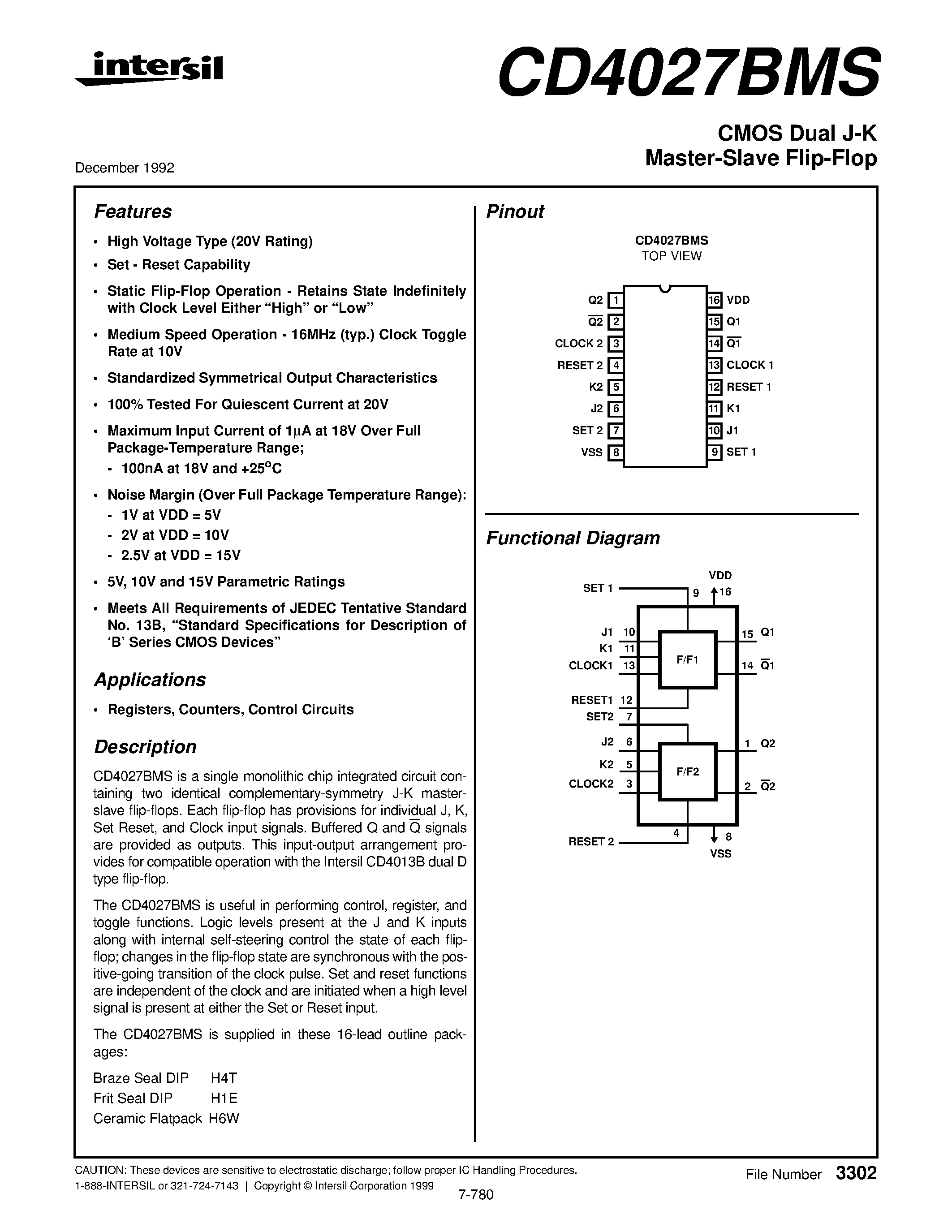 Datasheet CD4027BMS page 1 Datasheet CD4027BMS - CMOS Dual J-K Master-Slave Flip-Flop page 1