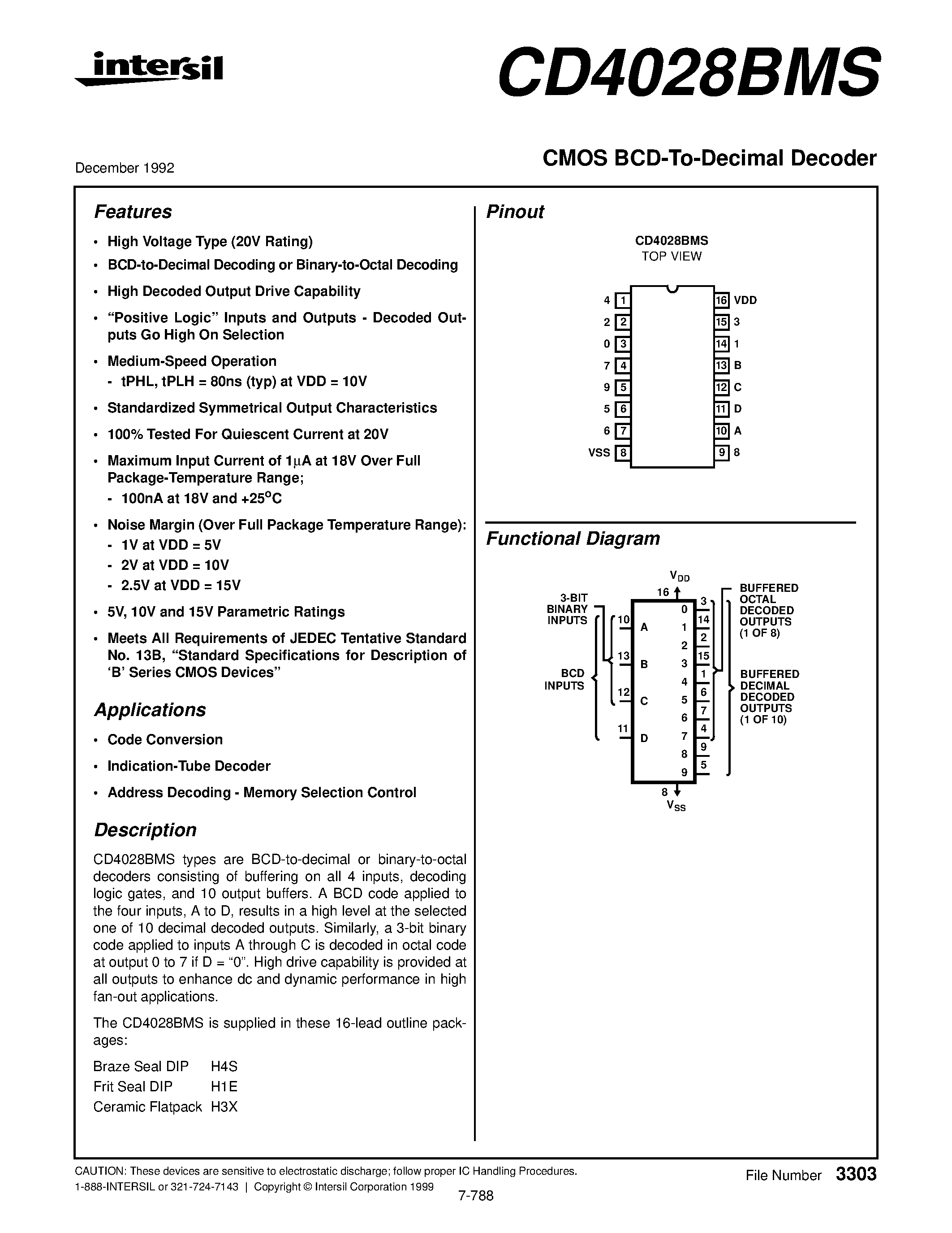 Даташит CD4028 - CMOS BCD-To-Decimal Decoder страница 1