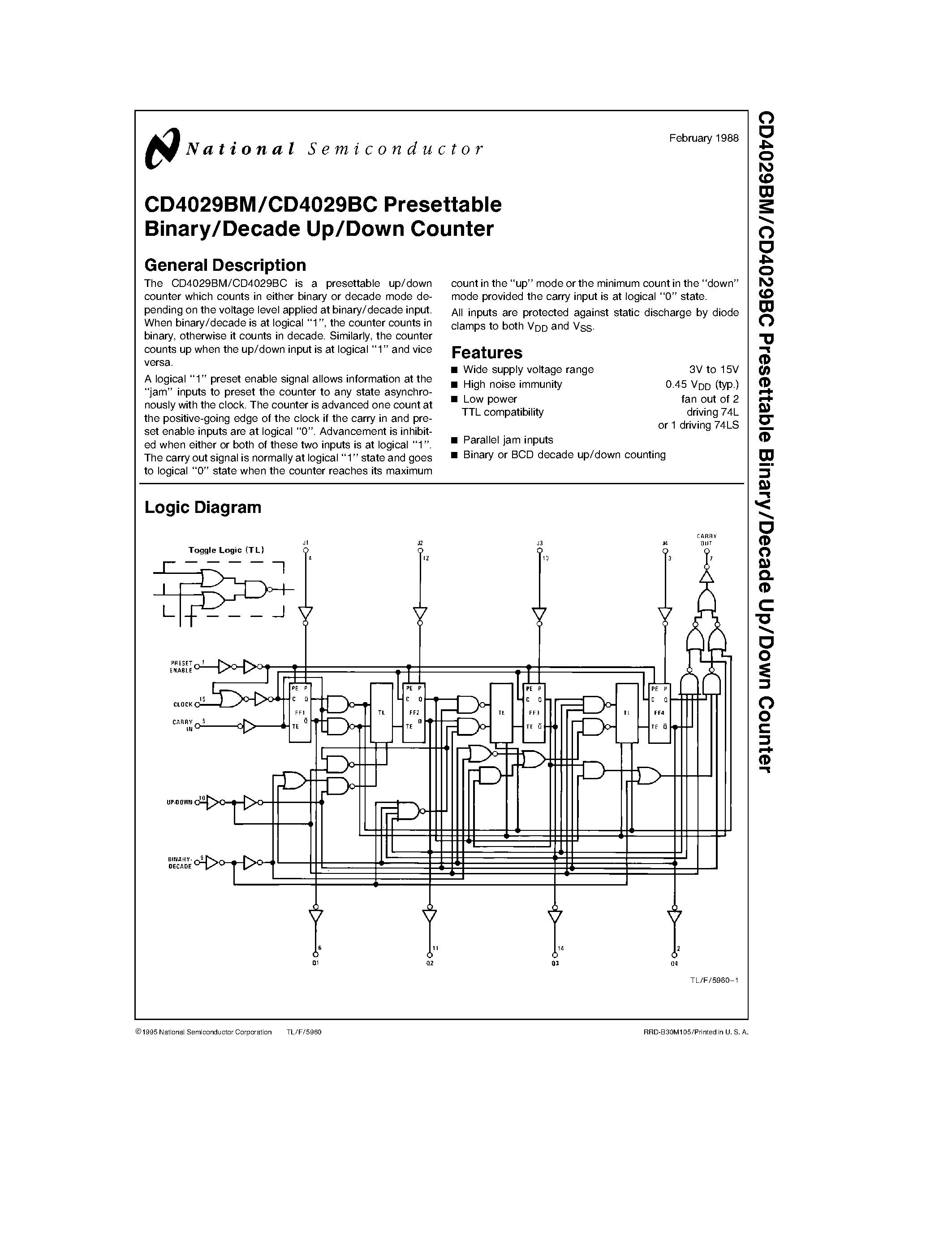 Даташит CD4029BC - Presettable Binary/Decade Up/Down Counter страница 1