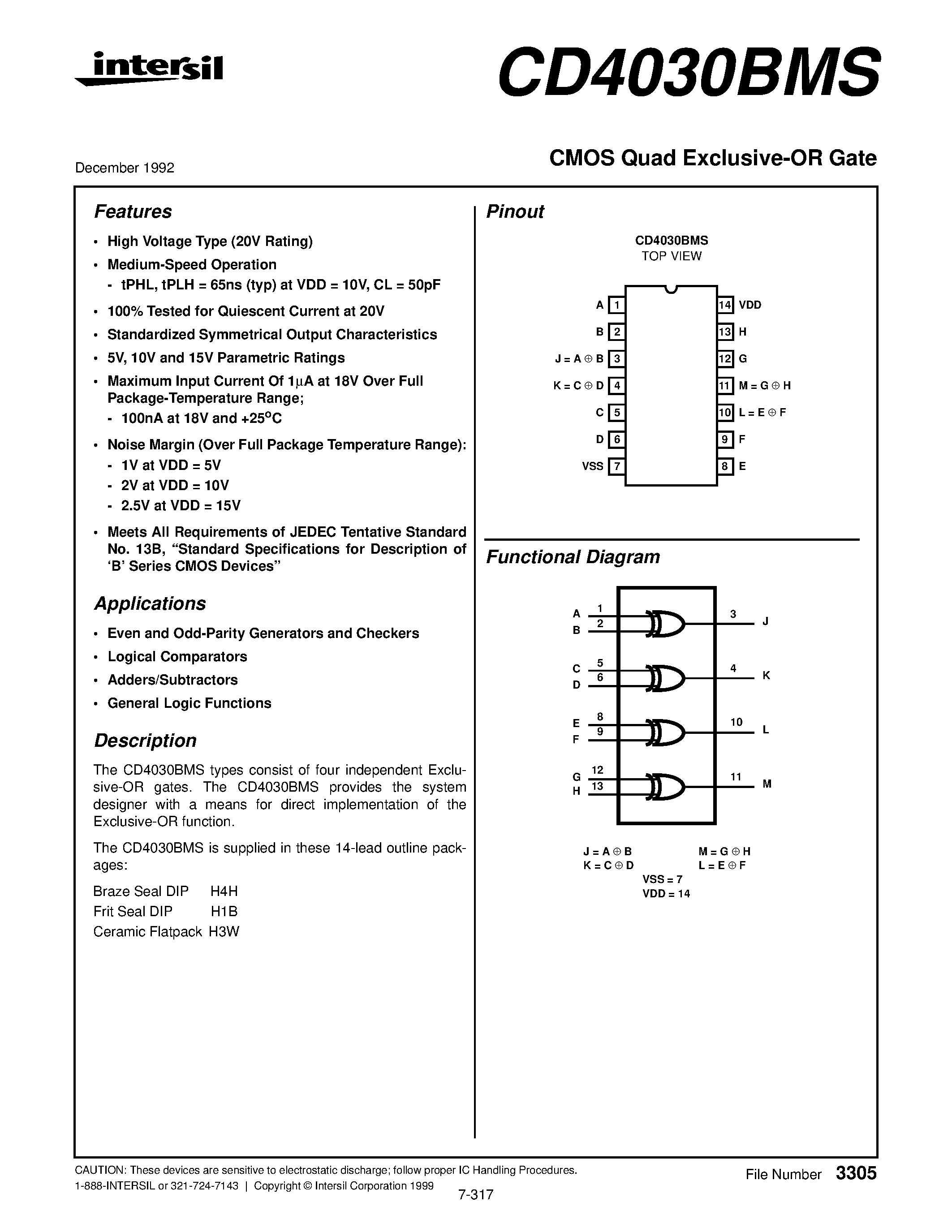 Даташит CD4030BMS - CMOS Quad Exclusive-OR Gate страница 1