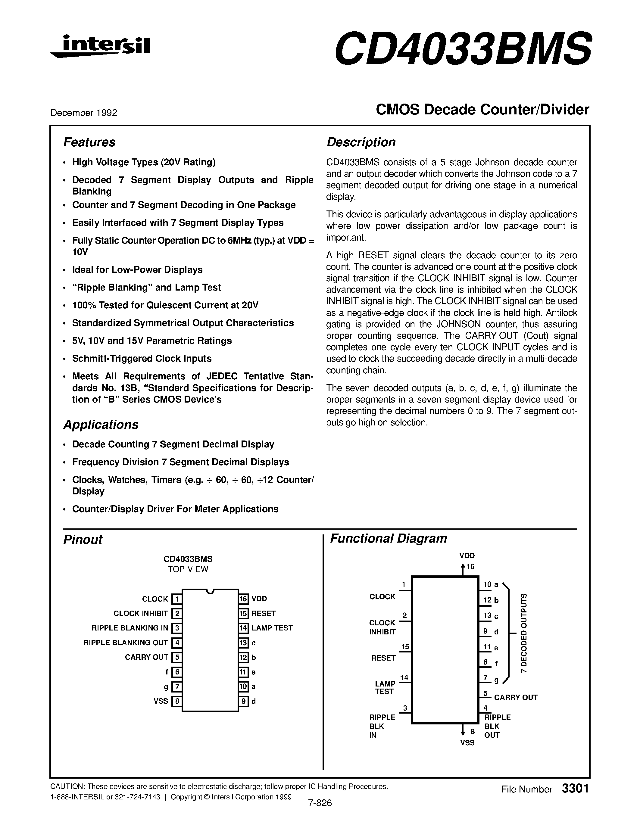 Даташит CD4033BMS - CMOS Decade Counter/Divider страница 1