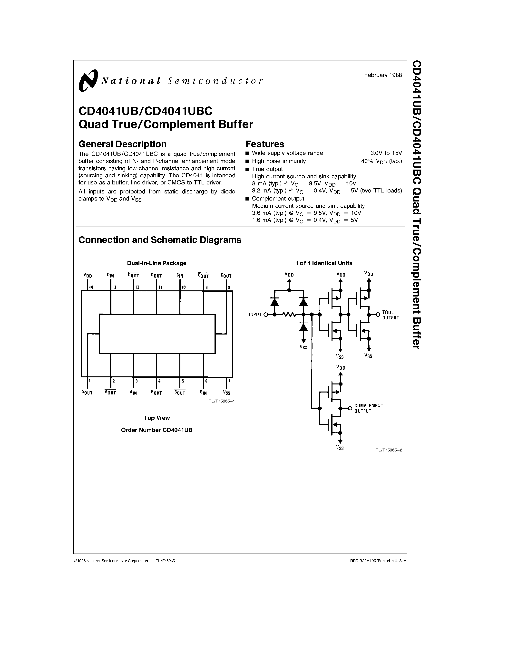 Даташит CD4041UBC - Quad True/Complement Buffer страница 1