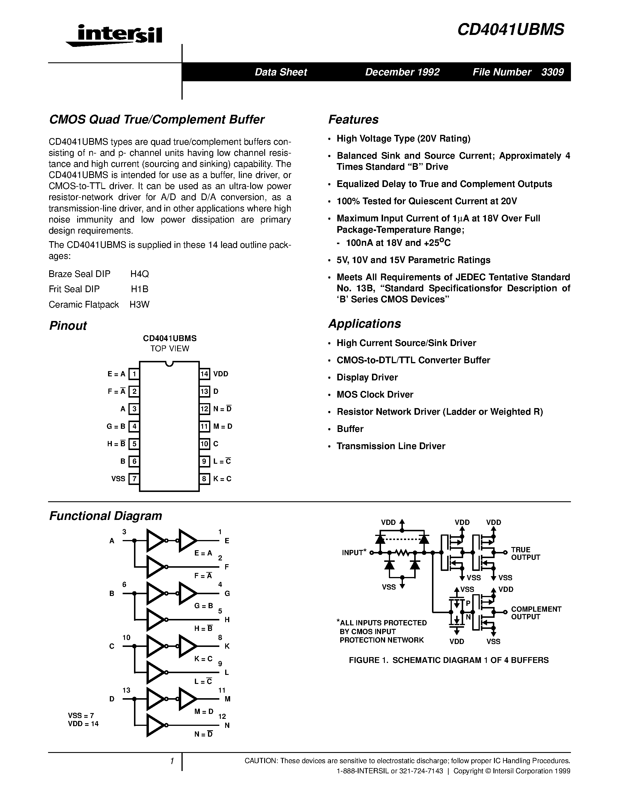 Даташит CD4041UBMS - CMOS Quad True/Complement Buffer страница 1