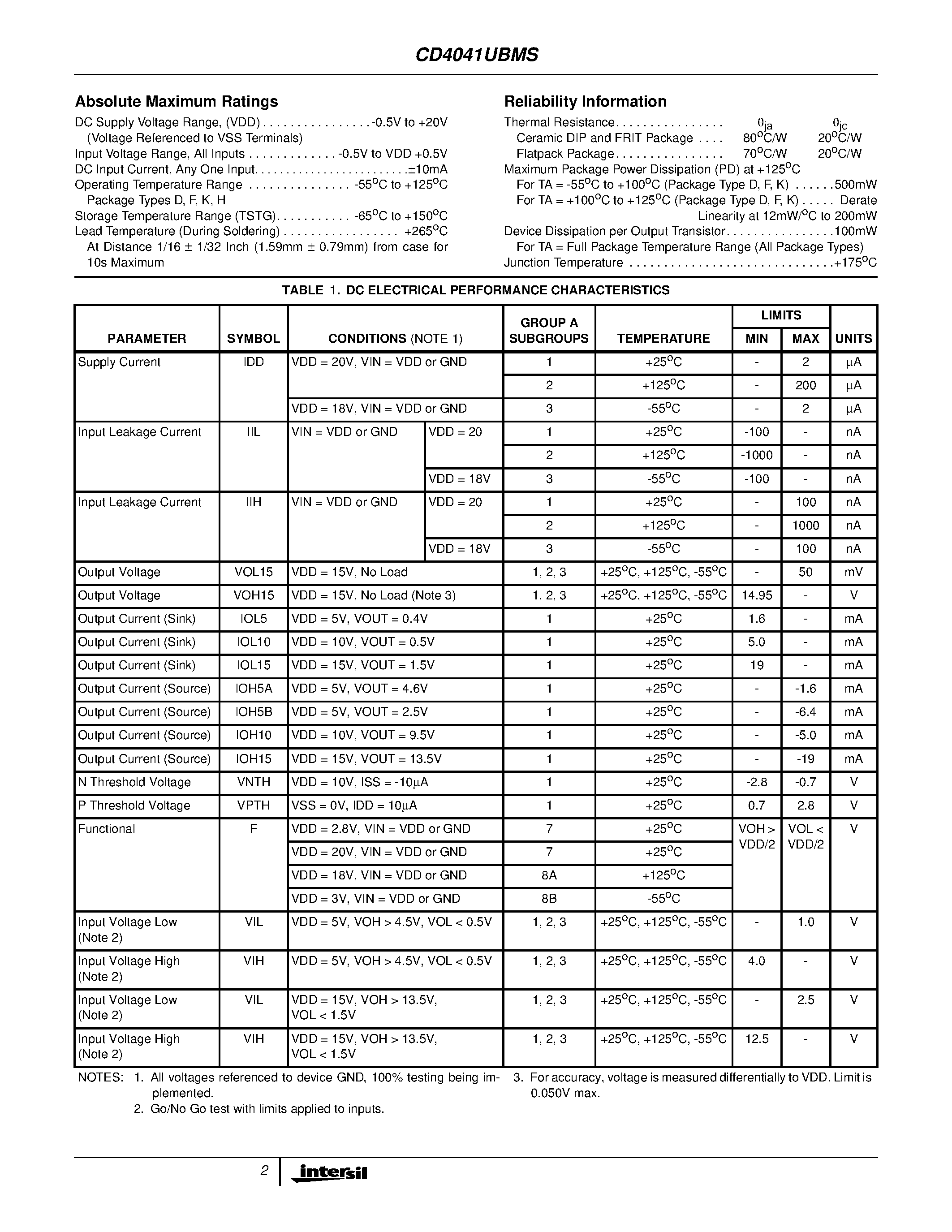 Даташит CD4041UBMS - CMOS Quad True/Complement Buffer страница 2