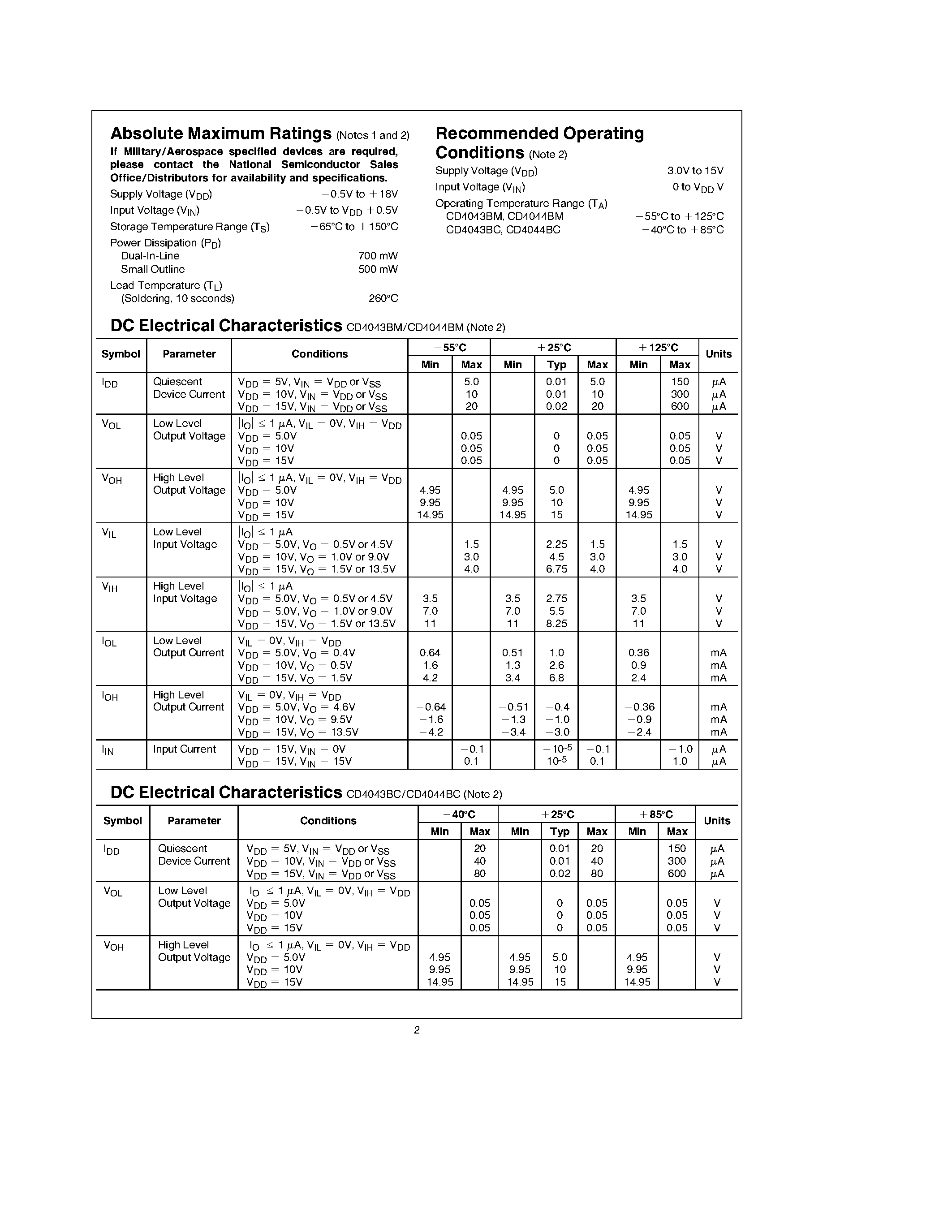 Datasheet CD4043BM page 2 Datasheet CD4043BM - Quad TRI-STATE NOR(NAND) R/S Latches page 2