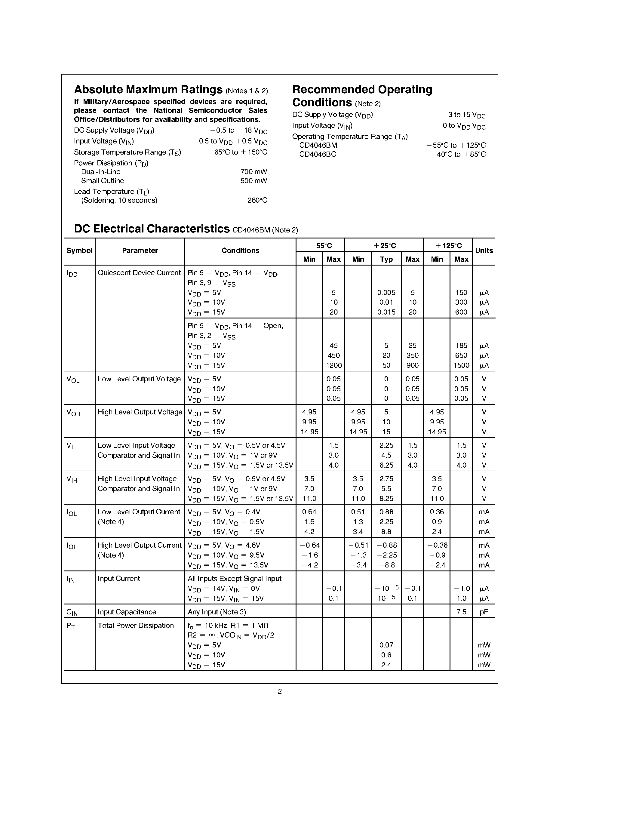 Datasheet CD4046BM page 2 Datasheet CD4046BM - Micropower Phase-Locked Loop page 2