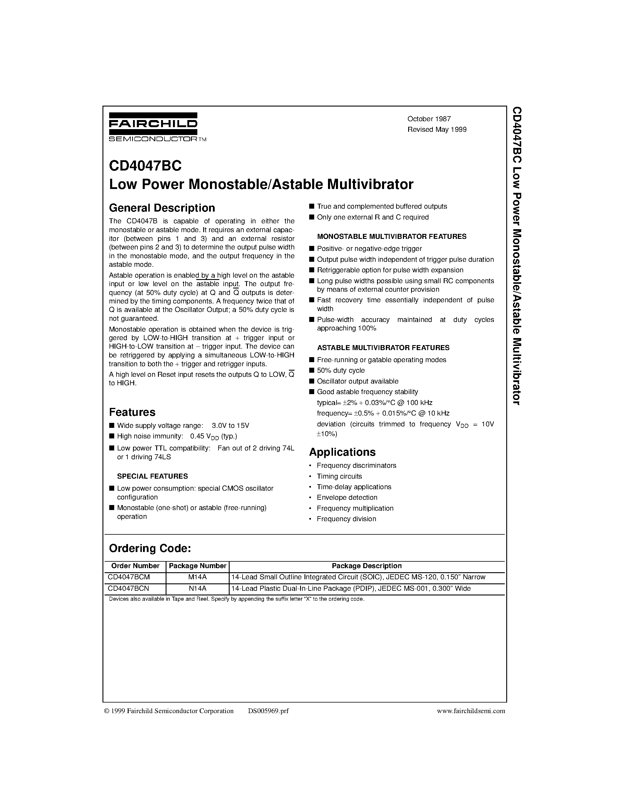 Datasheet CD4047 page 1 Datasheet CD4047 - Low Power Monostable/Astable Multivibrator page 1