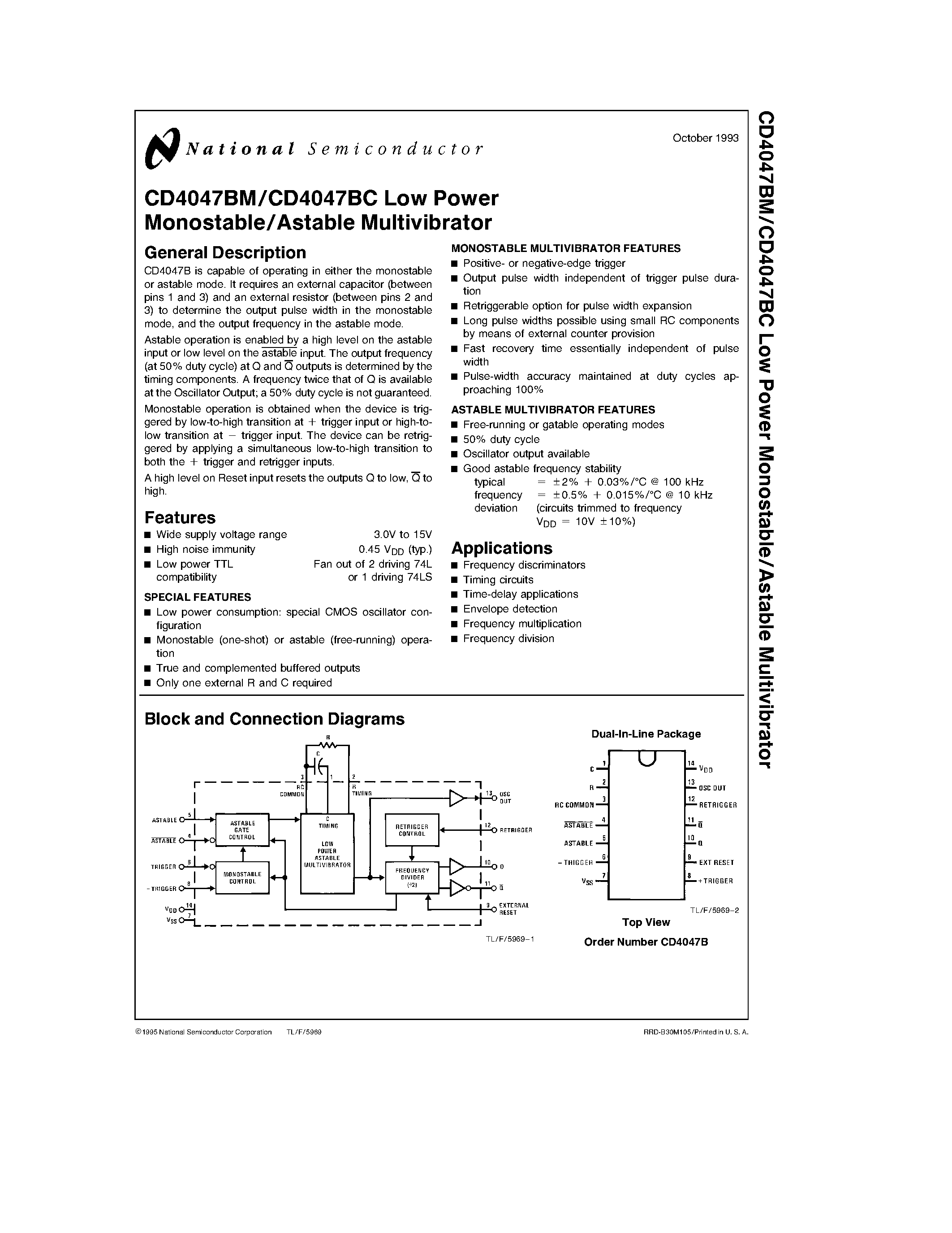Datasheet CD4047BC page 1 Datasheet CD4047BC - Low Power Monostable/Astable Multivibrator page 1