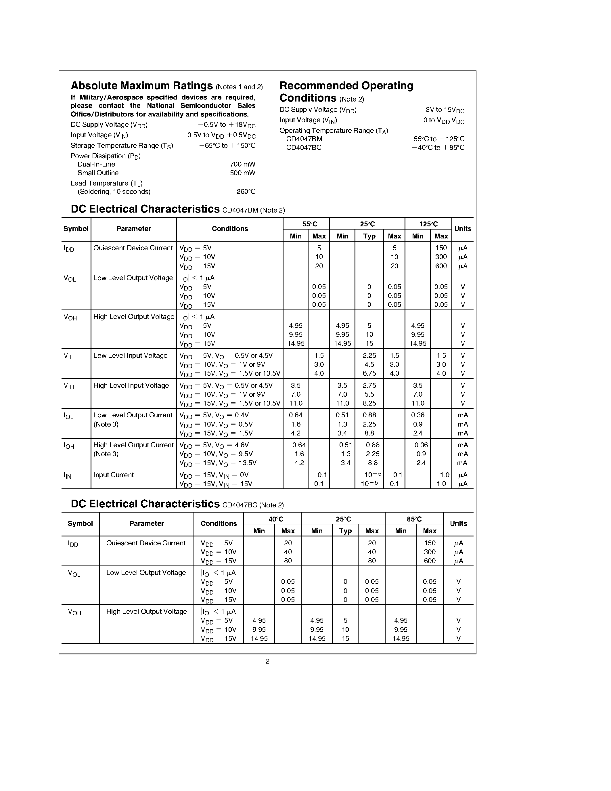 Datasheet CD4047BC page 2 Datasheet CD4047BC - Low Power Monostable/Astable Multivibrator page 2