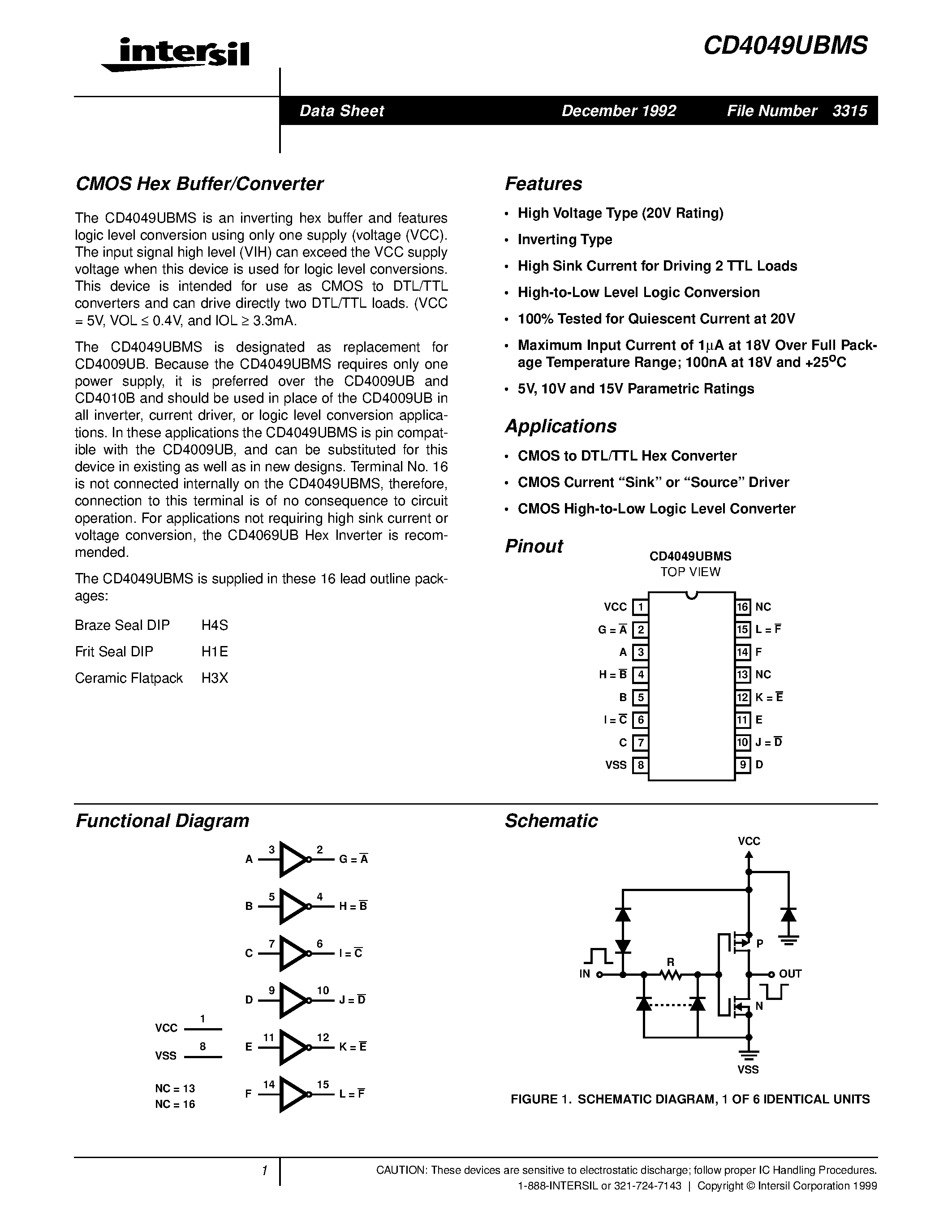 Datasheet CD4049UBMS - CMOS Hex Buffer/Converter page 1