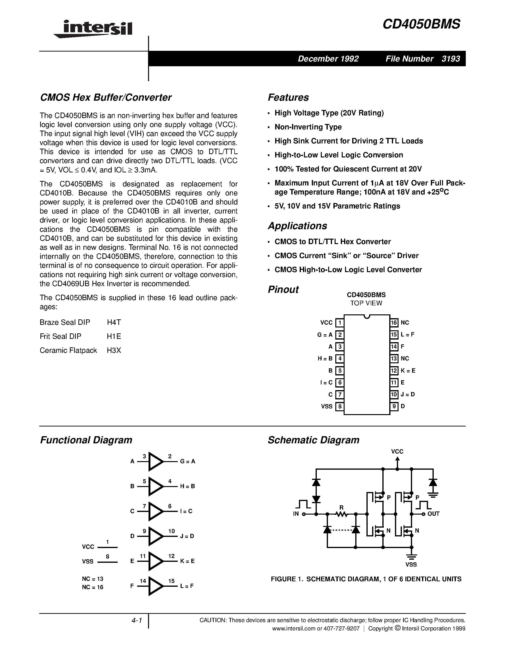 Datasheet CD4050BMS page 1 Datasheet CD4050BMS - CMOS Hex Buffer/Converter page 1