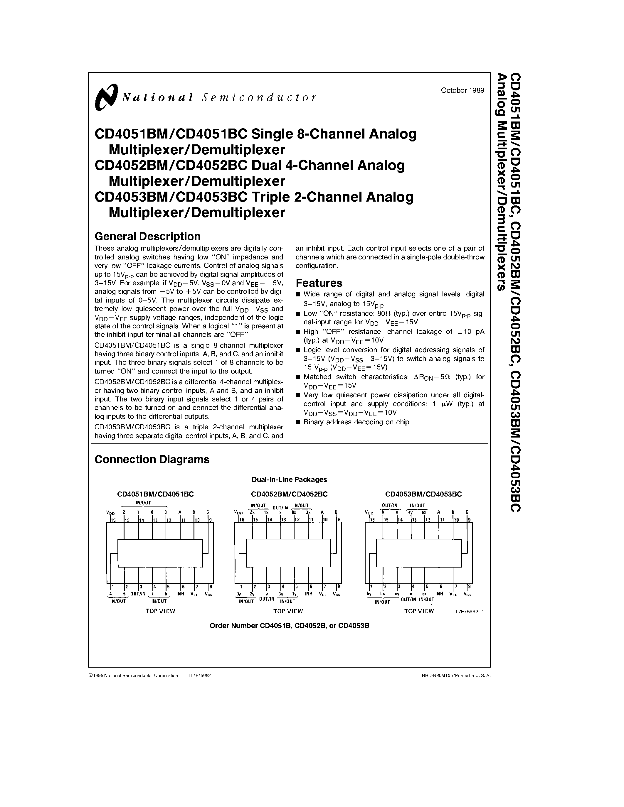 Datasheet CD4052BM page 1 Datasheet CD4052BM - Single 8(4/2)-Channel Analog Multiplexer/Demultiplexer page 1
