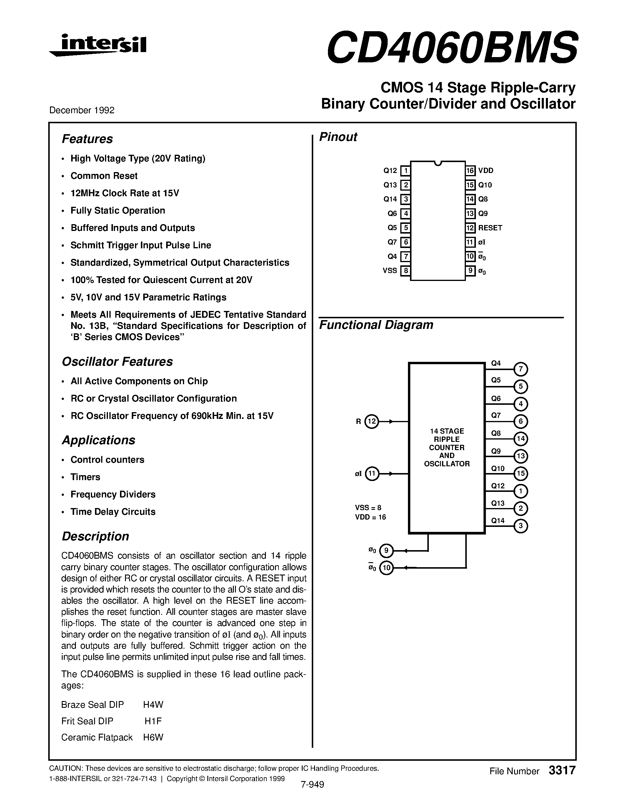 Даташит на микросхему CD4060BMS страница 1 Даташит CD4060BMS - CMOS 14 Stage Ripple-Carry Binary Counter/Divider and Oscillator страница 1