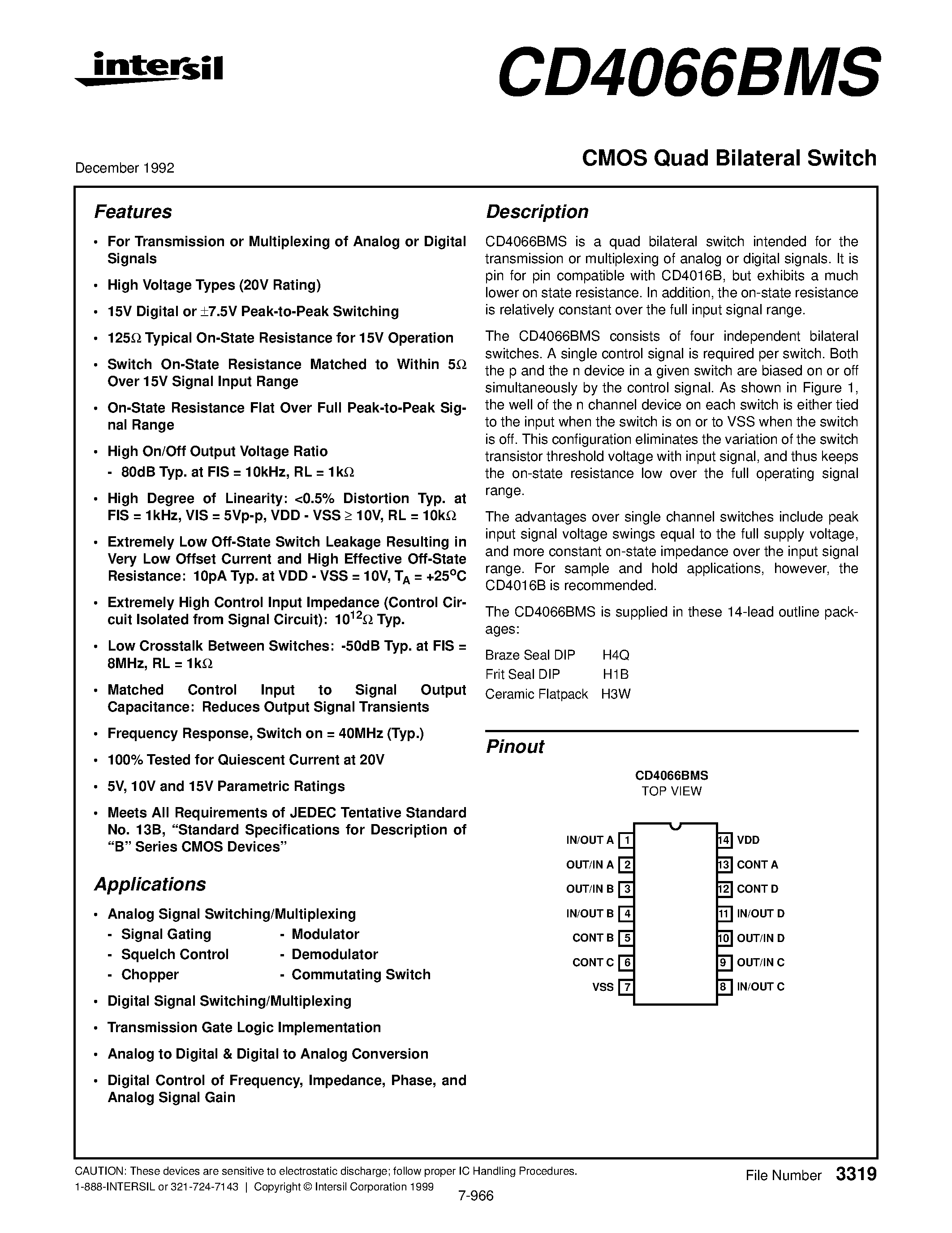 Datasheet CD4066 - CMOS 4-Bit Magnitude Comparator page 1