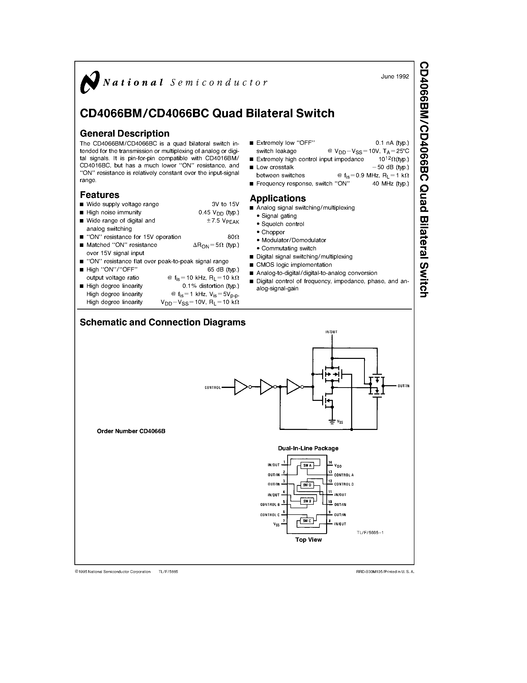 Даташит CD4066BCJ - Quad Bilateral Switch страница 1