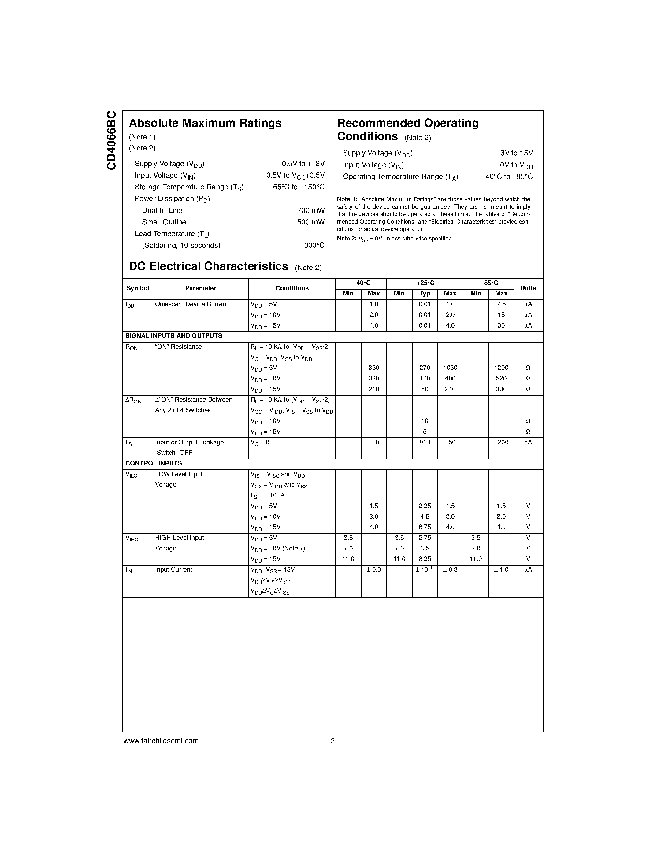 Datasheet CD4066BCN page 2 Datasheet CD4066BCN - Quad Bilateral Switch page 2