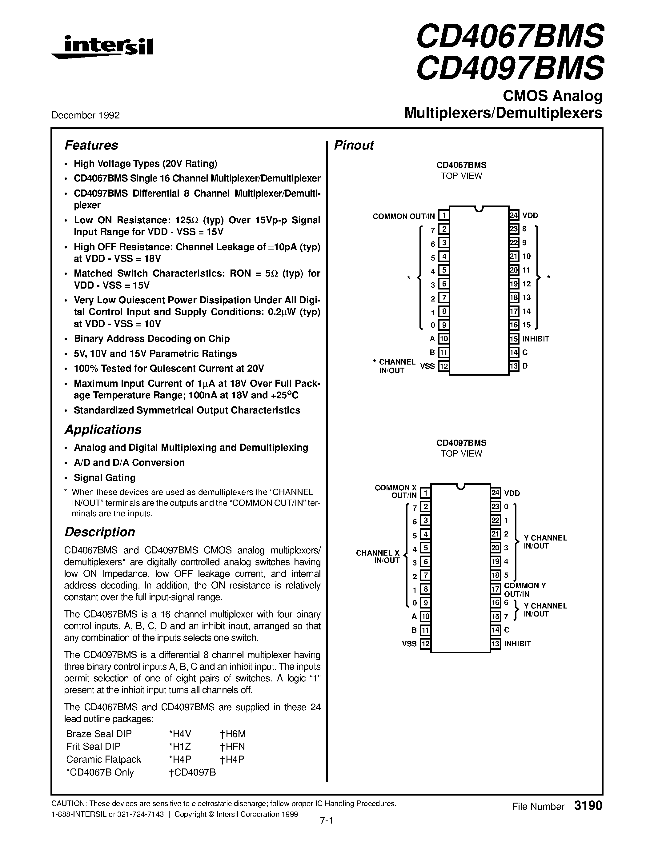 Даташит на микросхему CD4067BMS страница 1 Даташит CD4067BMS - CMOS Analog Multiplexers/Demultiplexers страница 1