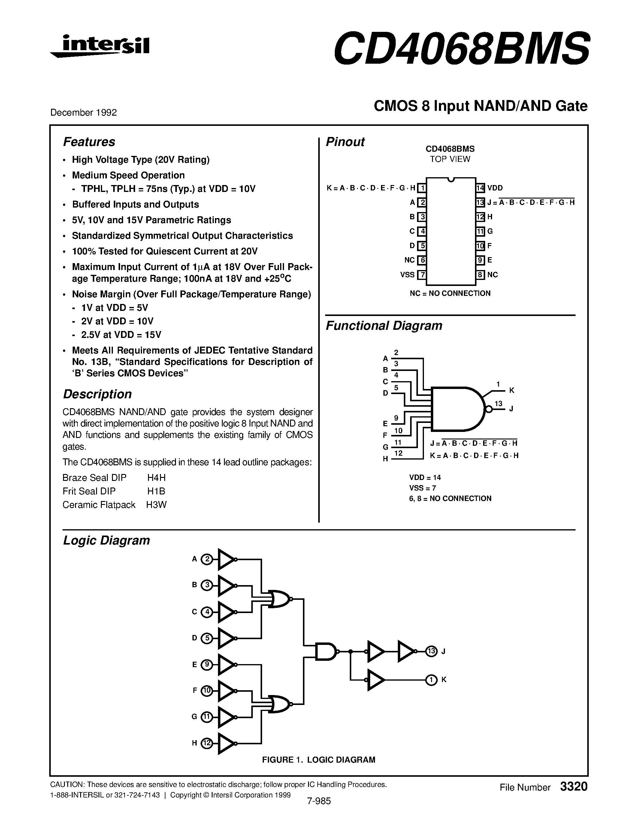 Даташит CD4068 - CMOS 8 Input NAND/AND Gate страница 1