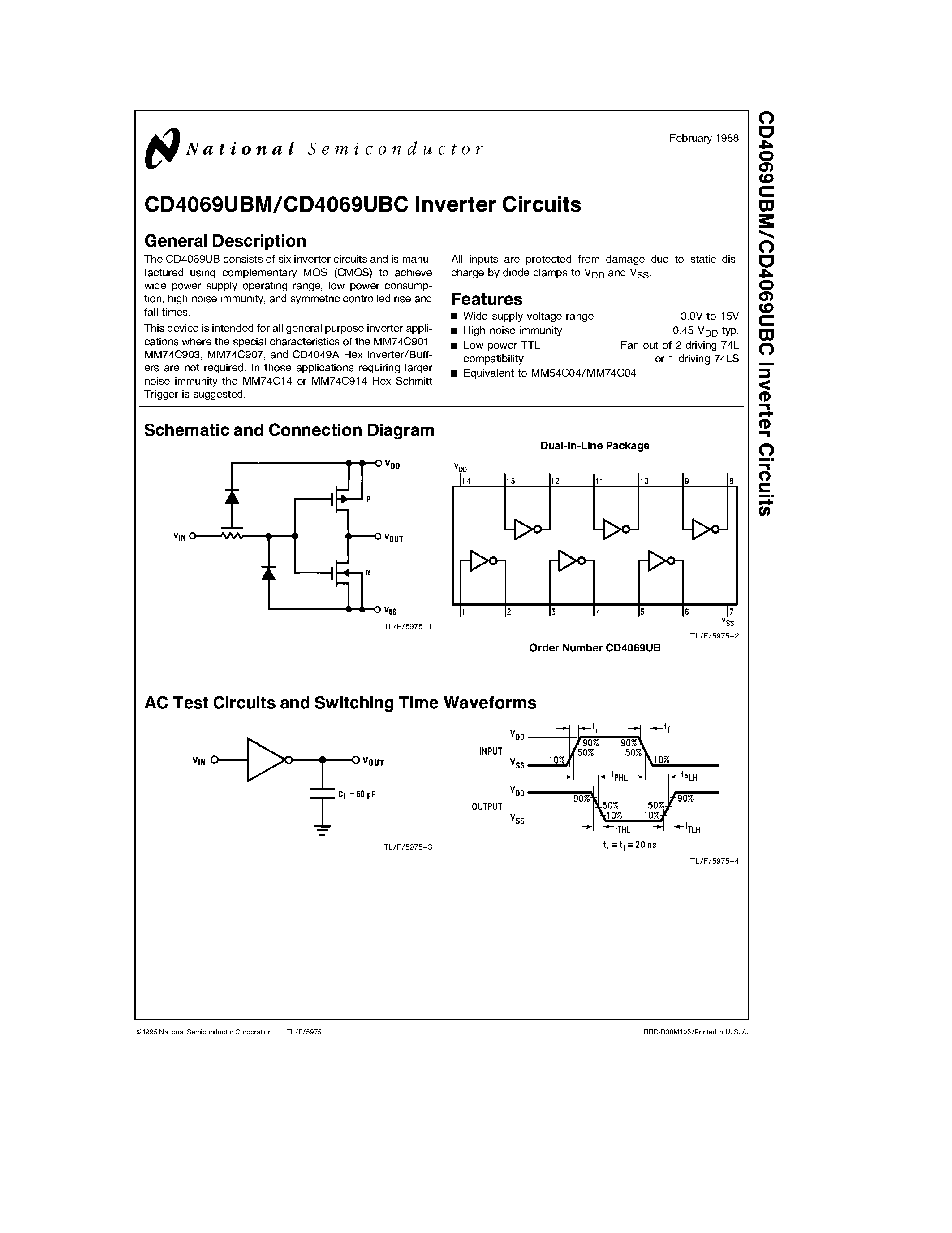 Даташит CD4069 - Inverter Circuits страница 1