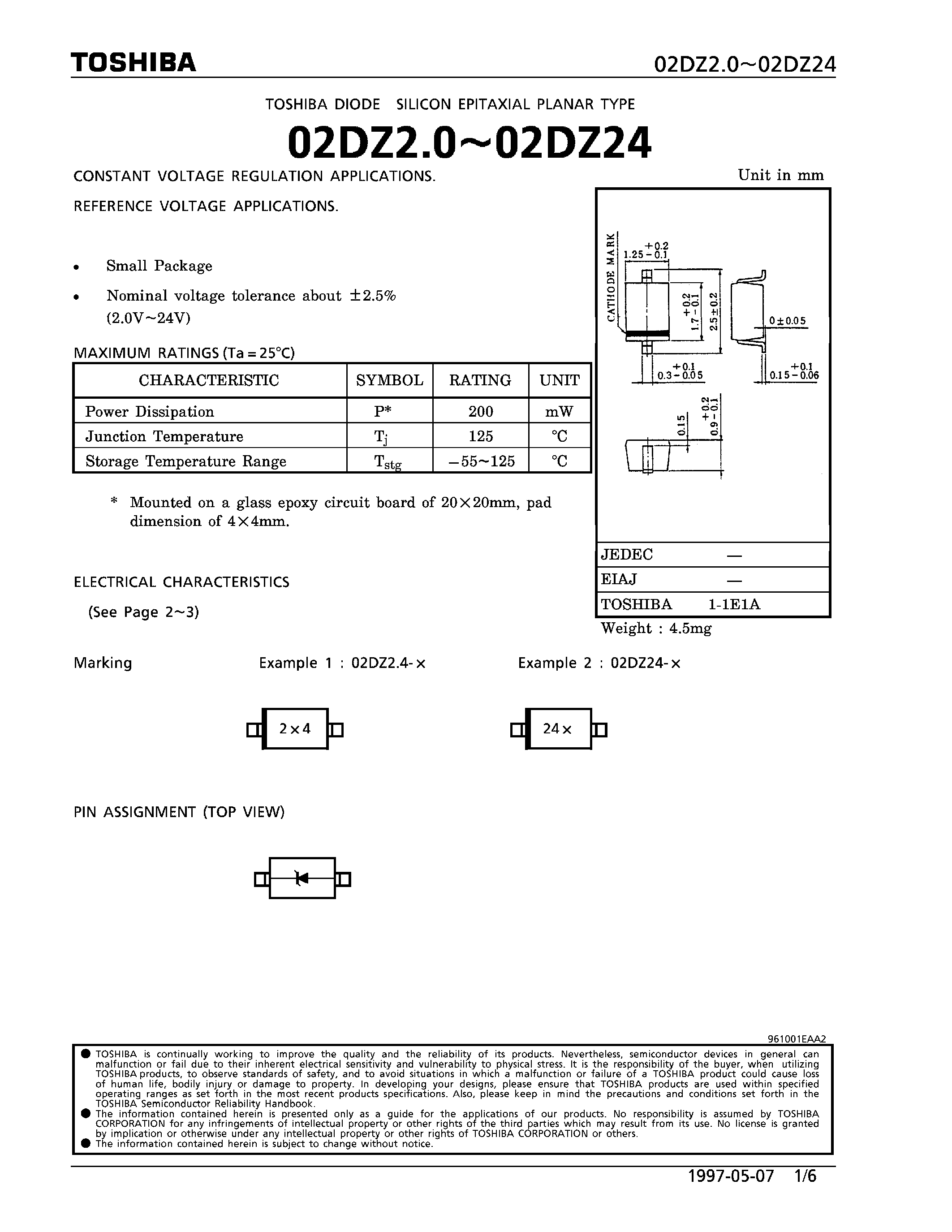 Datasheet 02DZ3.9 - DIODE(CONSTANT VOLTAGE REGULATION APPLICATIONS.) page 1