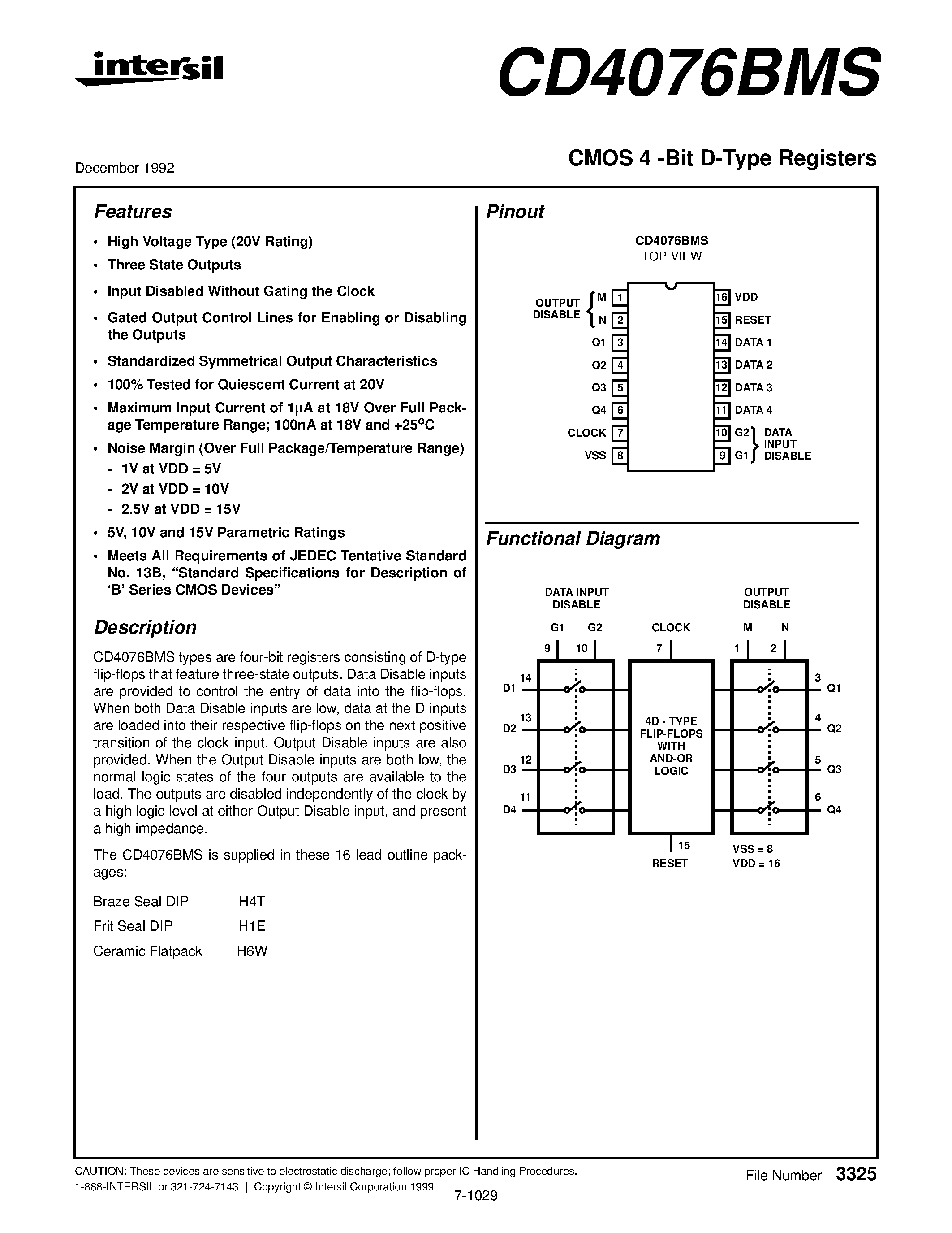 Datasheet CD4076BMS - CMOS 4 -Bit D-Type Registers page 1