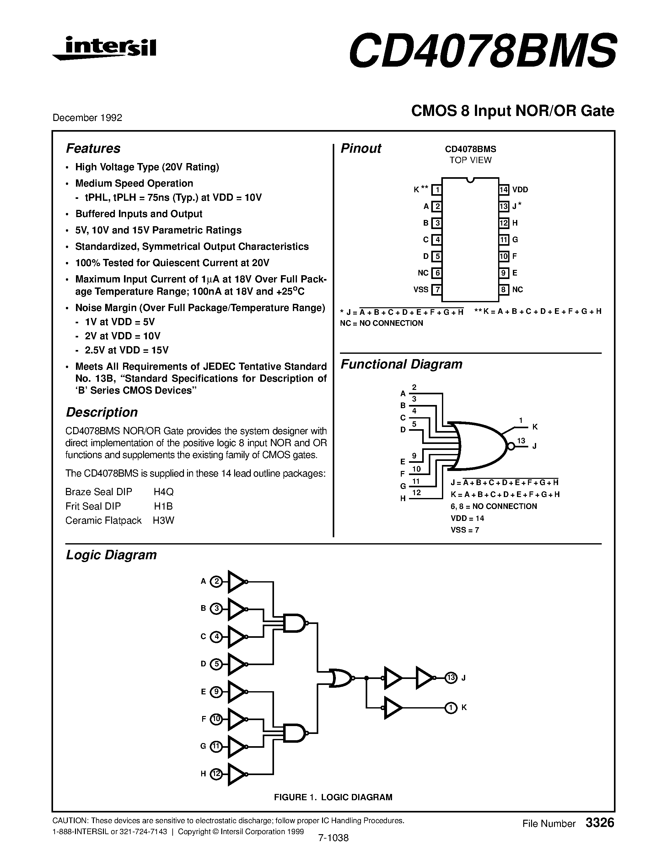 Даташит CD4078BM - CMOS 8 Input NOR/OR Gate страница 1