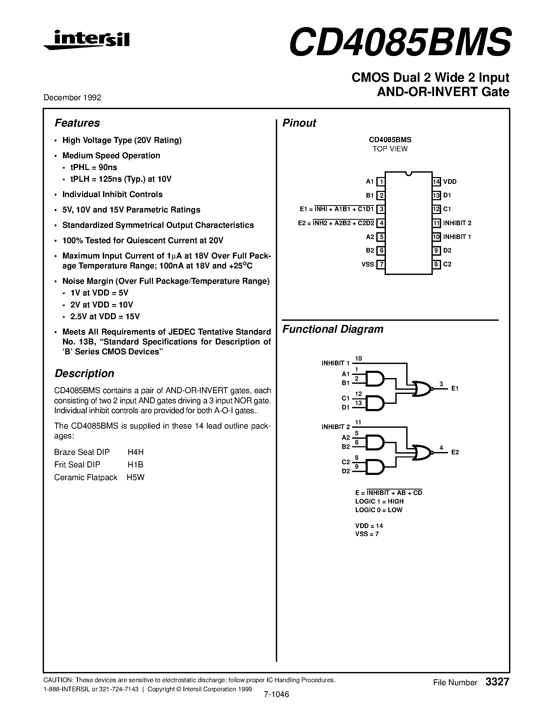 Даташит CD4085BMS - CMOS Dual 2 Wide 2 Input AND-OR-INVERT Gate страница 1