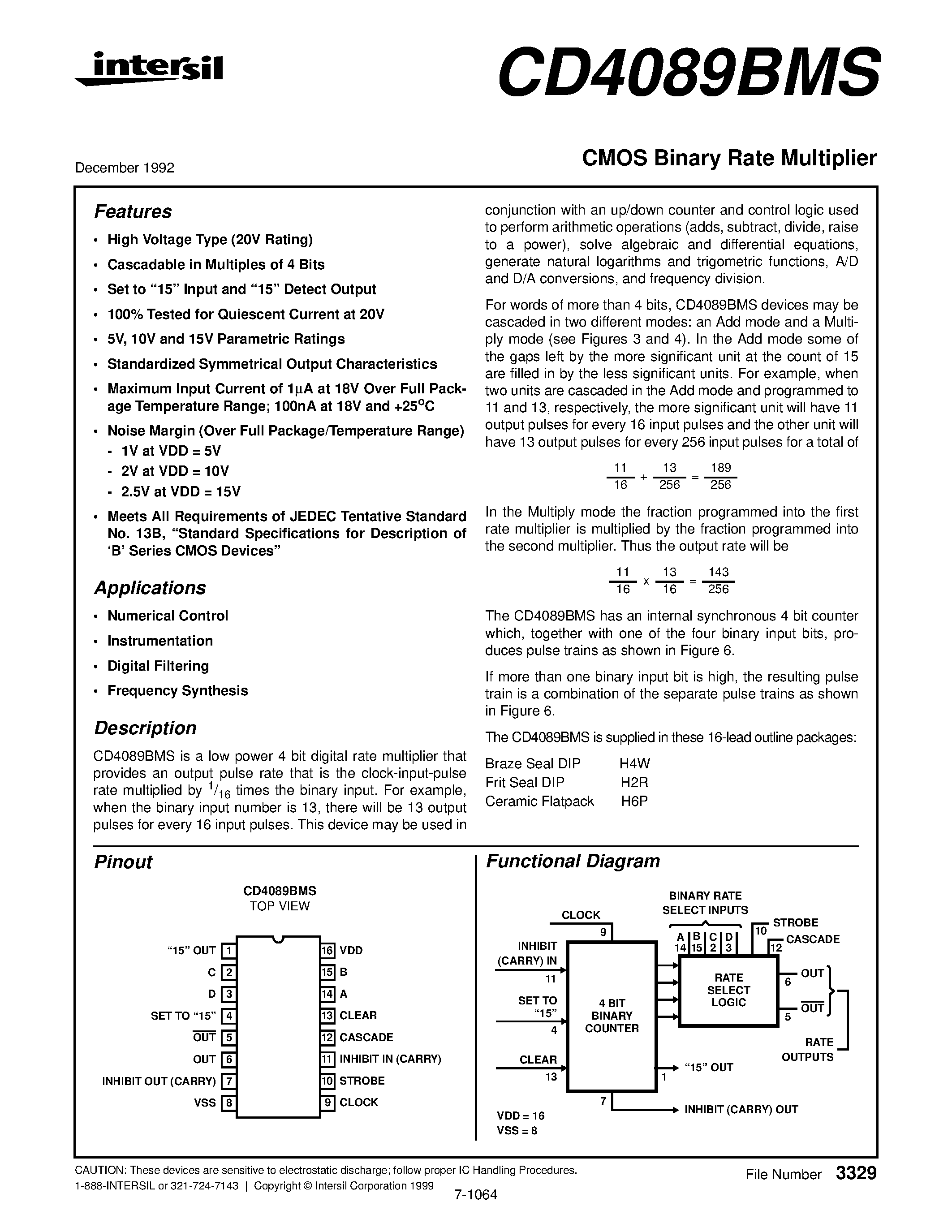 Даташит CD4089BMS - CMOS Binary Rate Multiplier страница 1