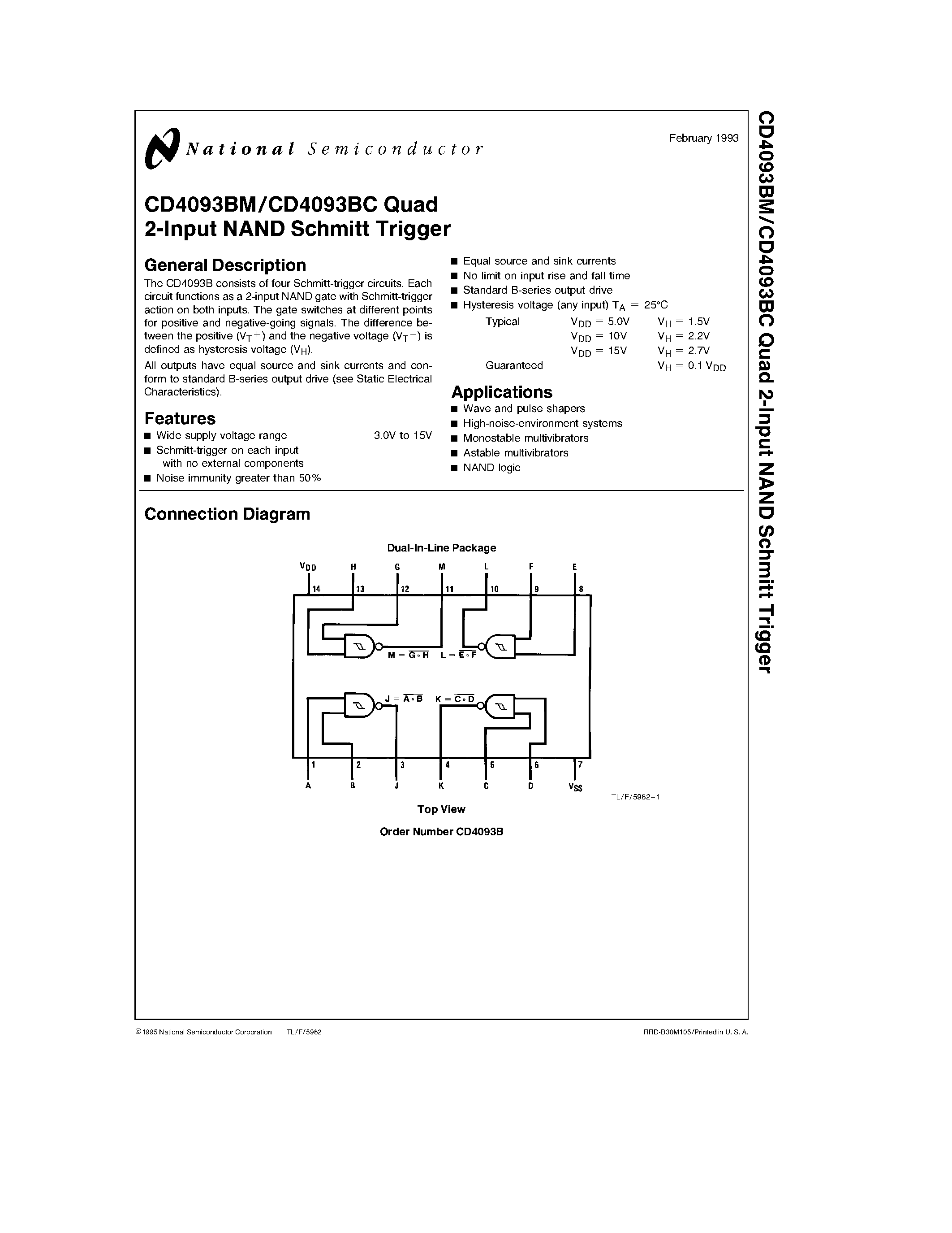 Даташит CD4093BMJ - Quad 2-Input NAND Schmitt Trigger страница 1