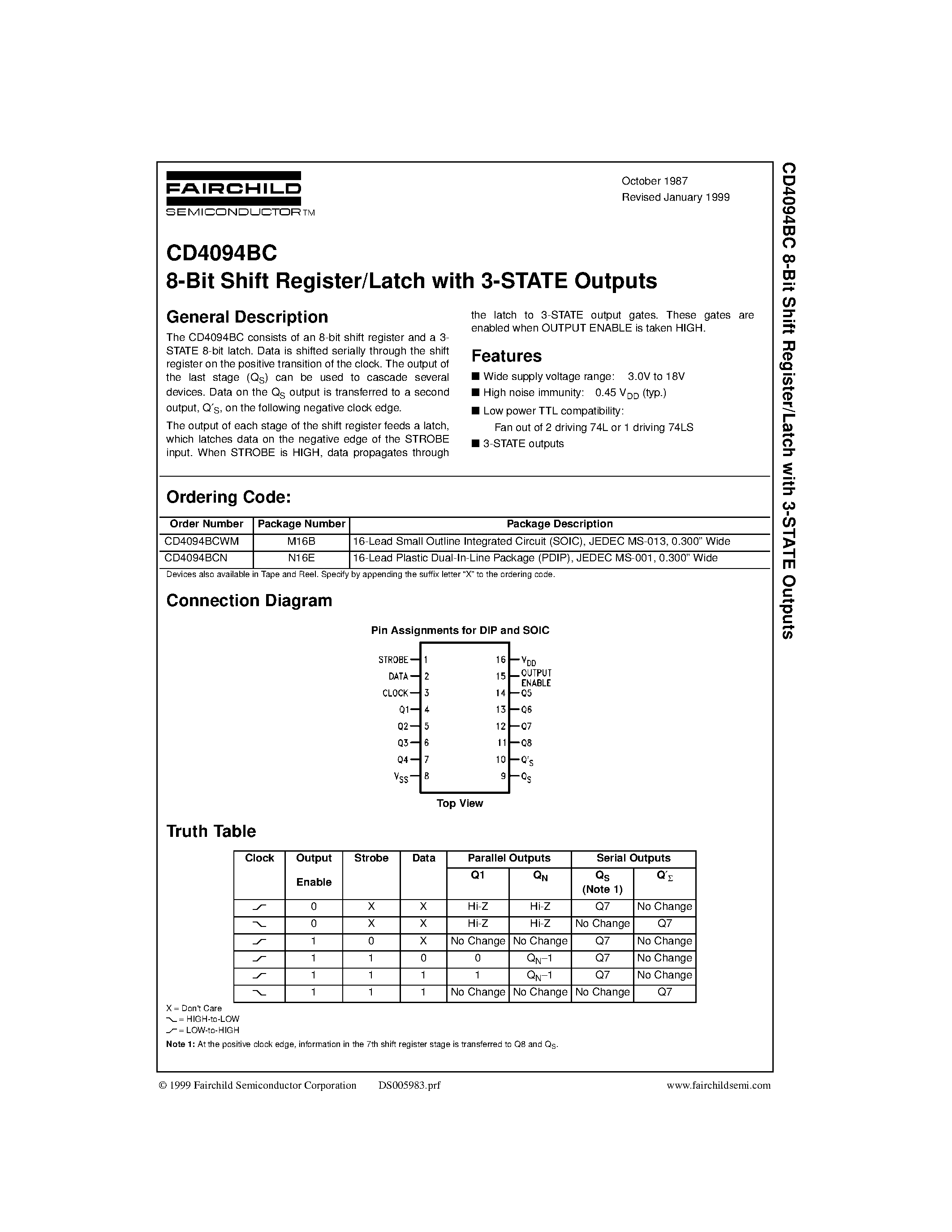 Даташит CD4094BCN - 8-Bit Shift Register/Latch with 3-STATE Outputs страница 1