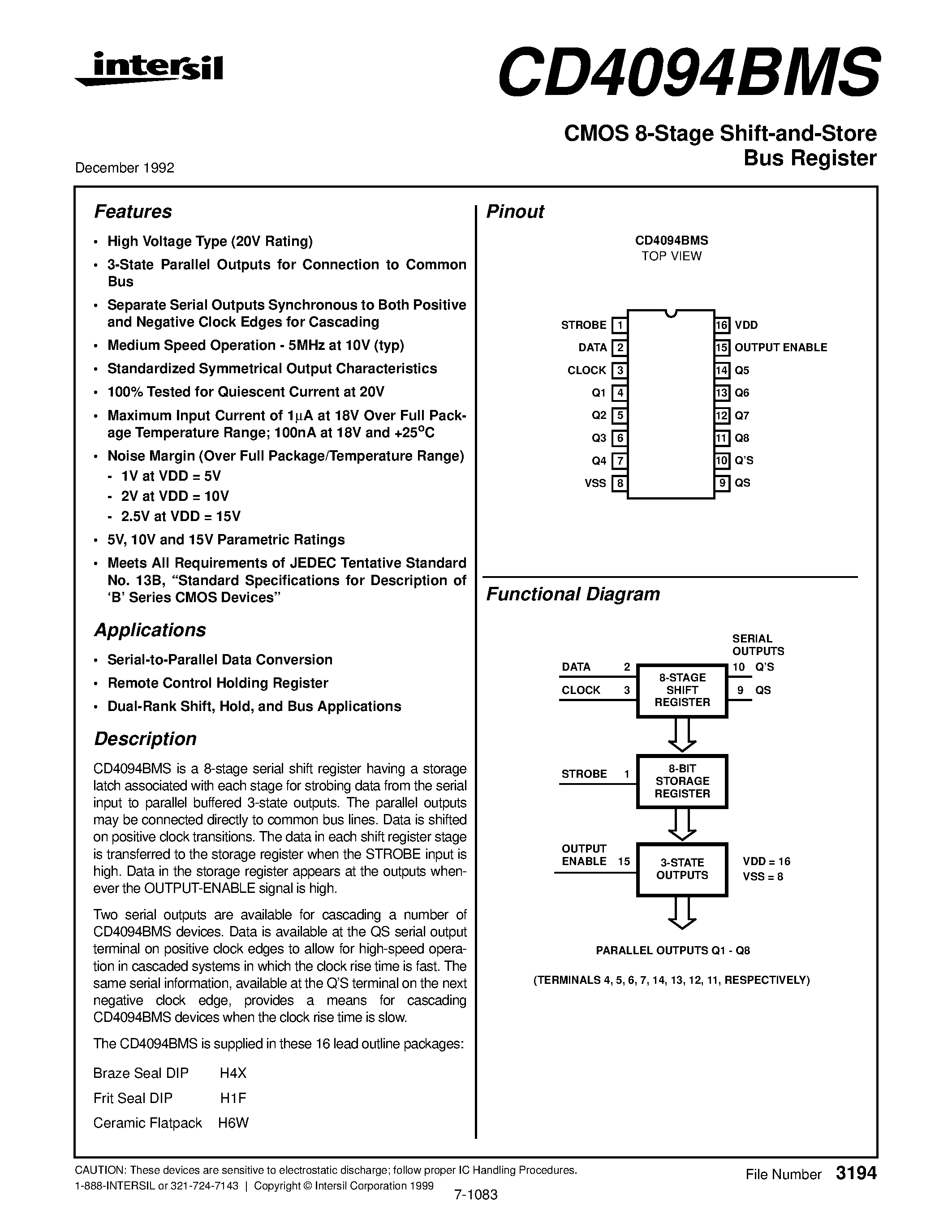Даташит CD4094BMS - CMOS 8-Stage Shift-and-Store Bus Register страница 1