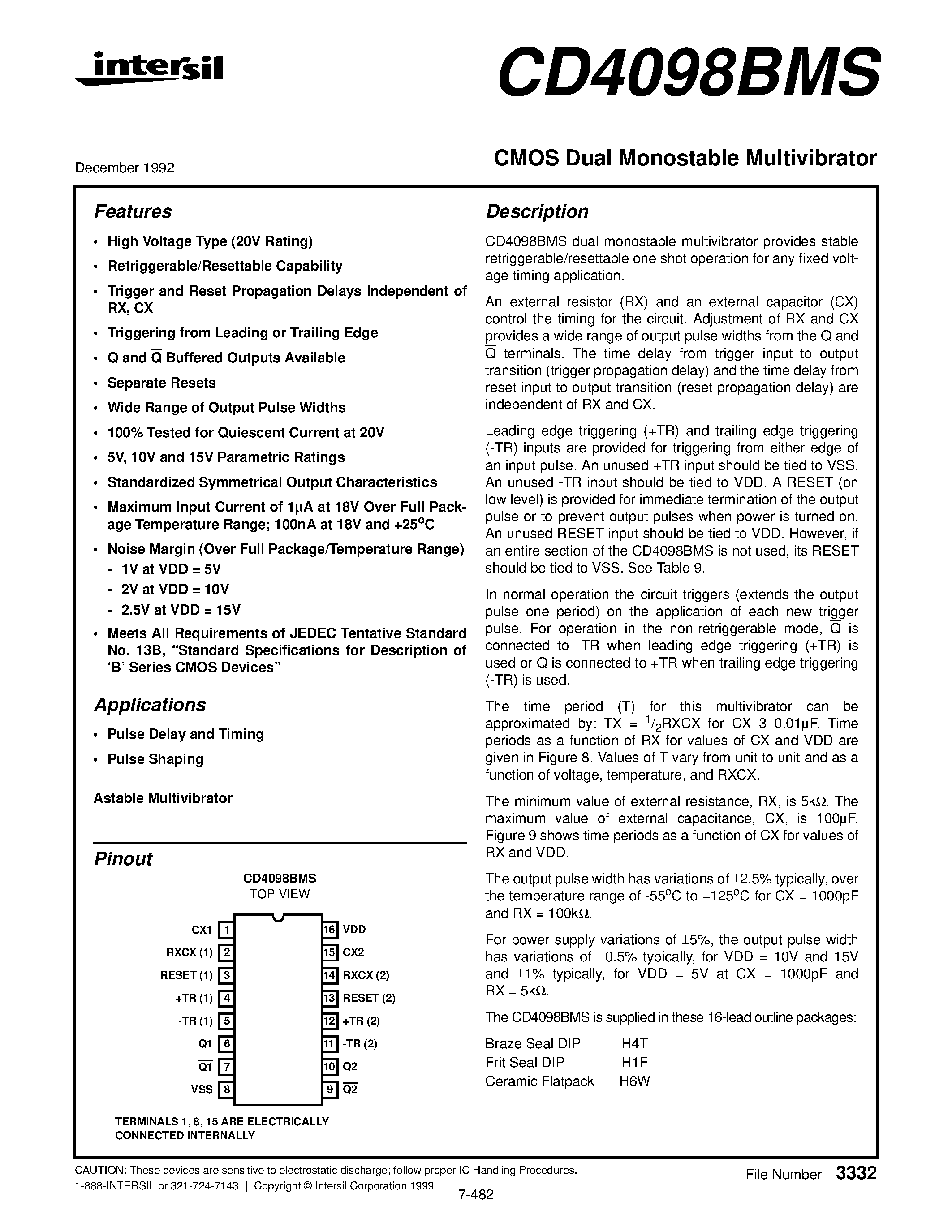 Даташит CD4098BMS - CMOS Dual Monostable Multivibrator страница 1