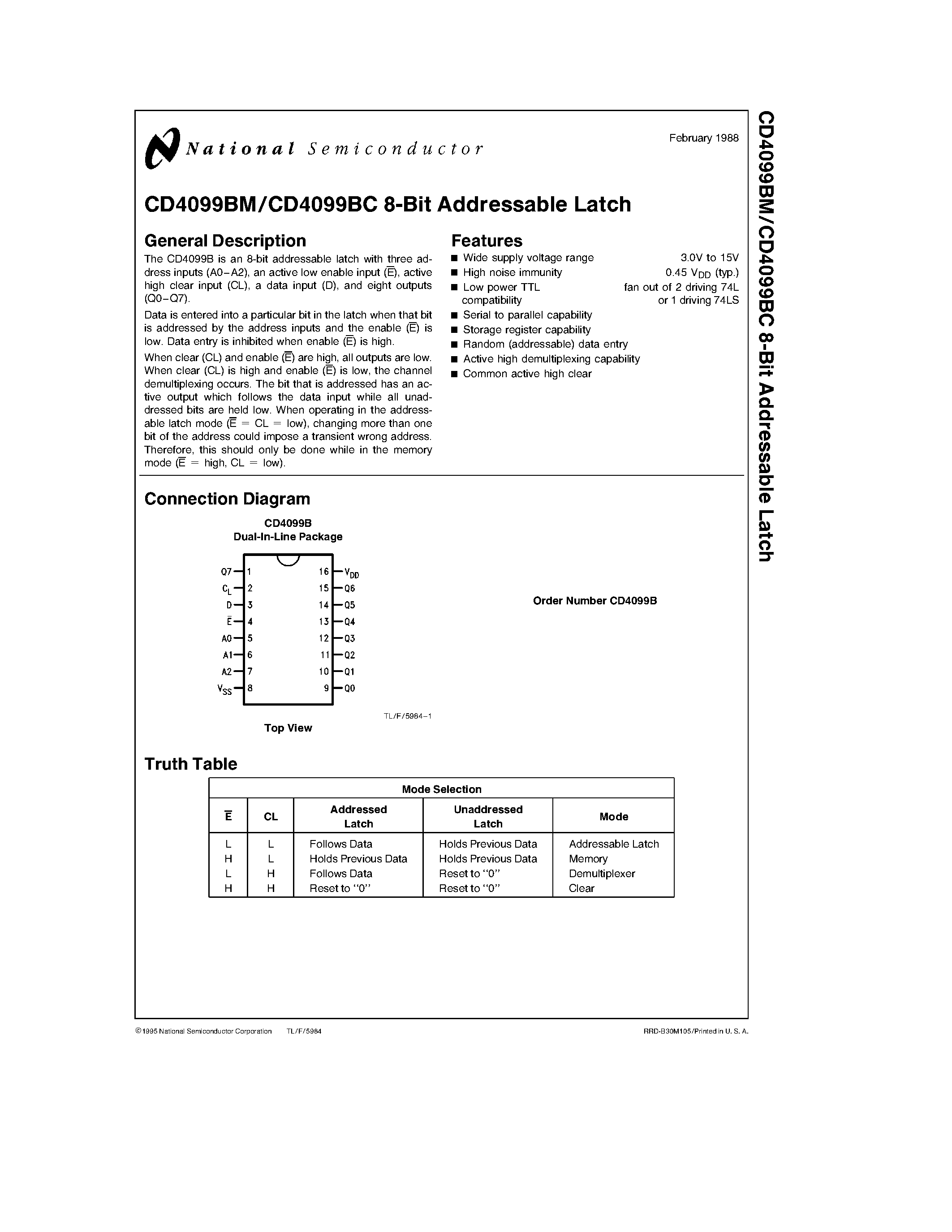 Даташит CD4099BC - 8-Bit Addressable Latch страница 1